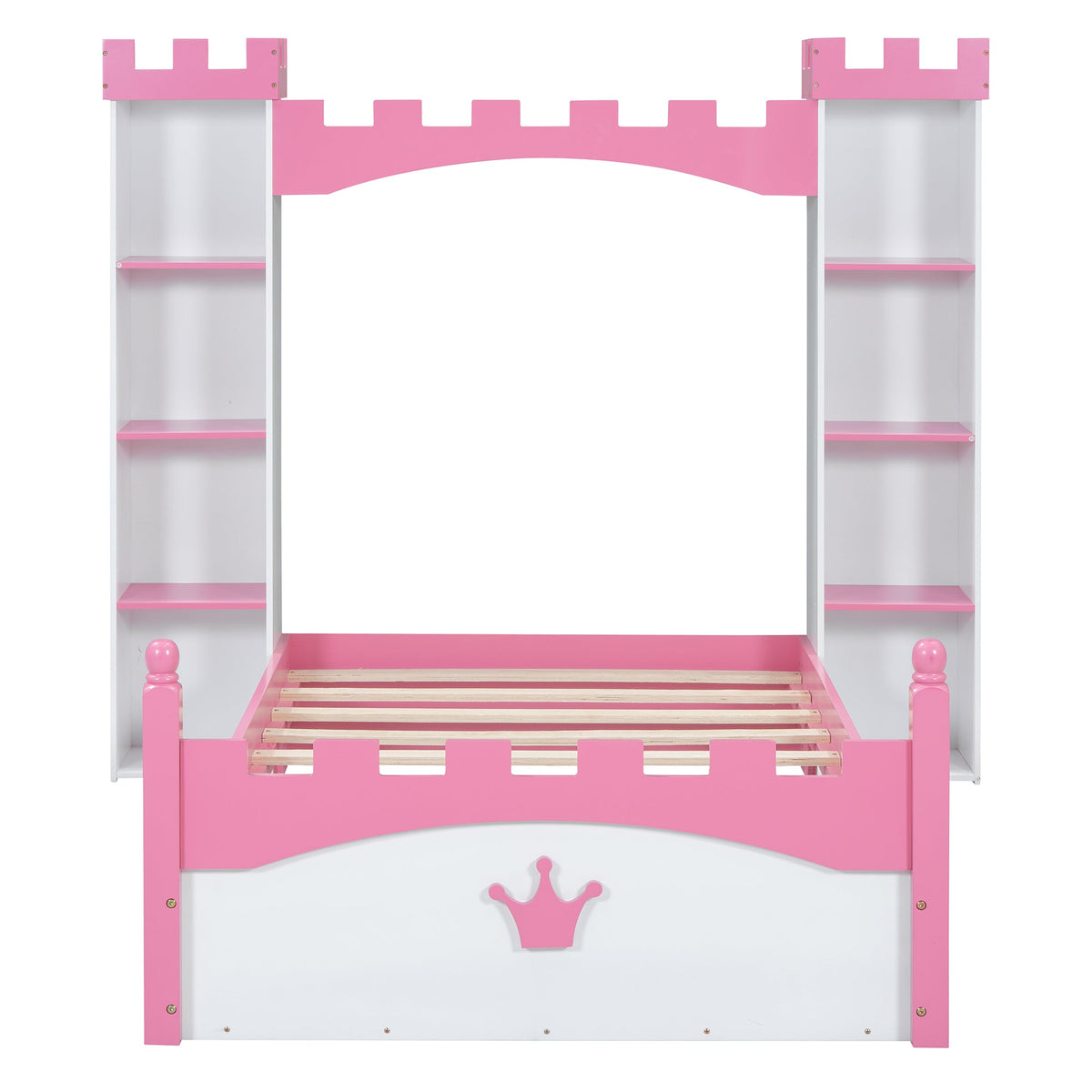 Roomfitters Castle-Shaped Wooden Bed with Storage Shelf, Dreamy Twin Size Platform Bed with Charming Aesthetic, White+Pink