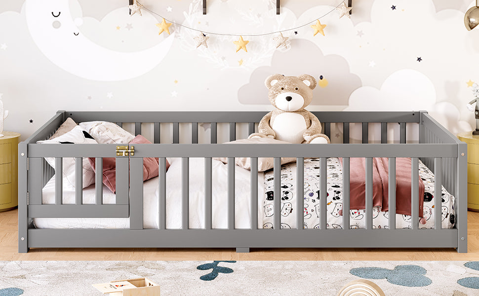 variant-group:rf-w1580p338951|Roomfitters Wooden Full Floor Bed Frame with Door & Safety Guardrails, Low Platform Design for Bedroom or Playroom, Gray