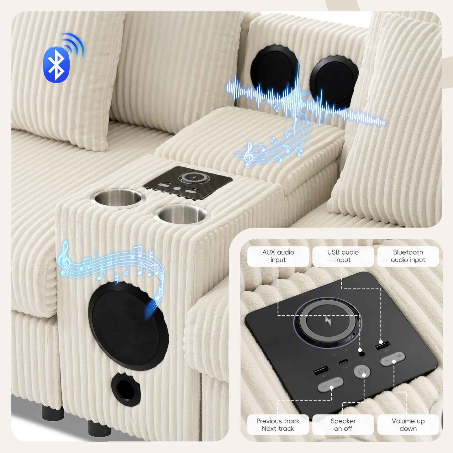 Roomfitters 112 Inch L-Shaped Modular Sectional Sofa with Bluetooth Speaker, Console and Cup Holders for Home, Cream Roomfitters