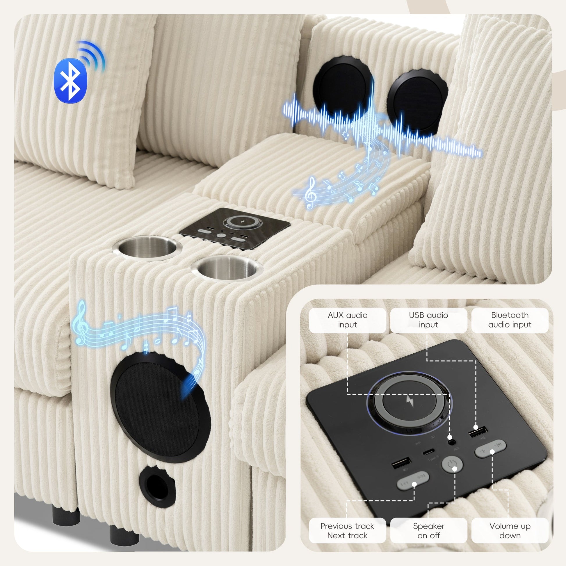 Roomfitters 112 Inch L-Shaped Modular Sectional Sofa with Bluetooth Speaker, Console and Cup Holders for Home, Cream Roomfitters