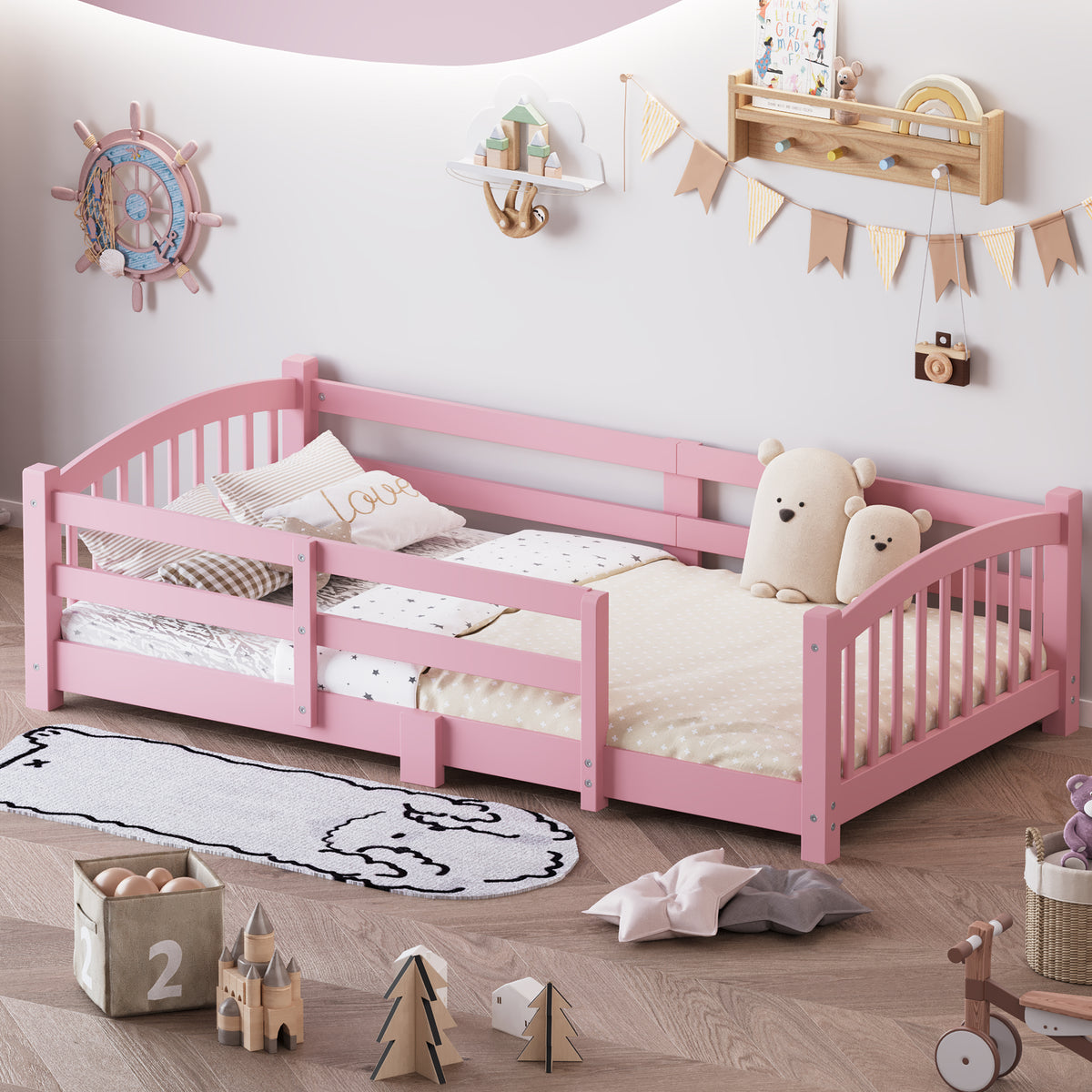 variant-group:rf-n733p400298h|Roomfitters Twin Montessori Floor Bed with Guardrails, Solid Wood Low Platform Bed with Slats, Easy Assembly, Pink