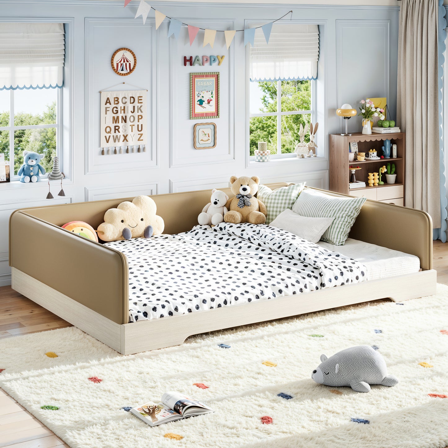 variant-group:rf-w1580s00672|Roomfitters Queen Size Upholstered Floor Bed Frame with Removable Guardrails, Faux Leather Low Profile Platform, Brown