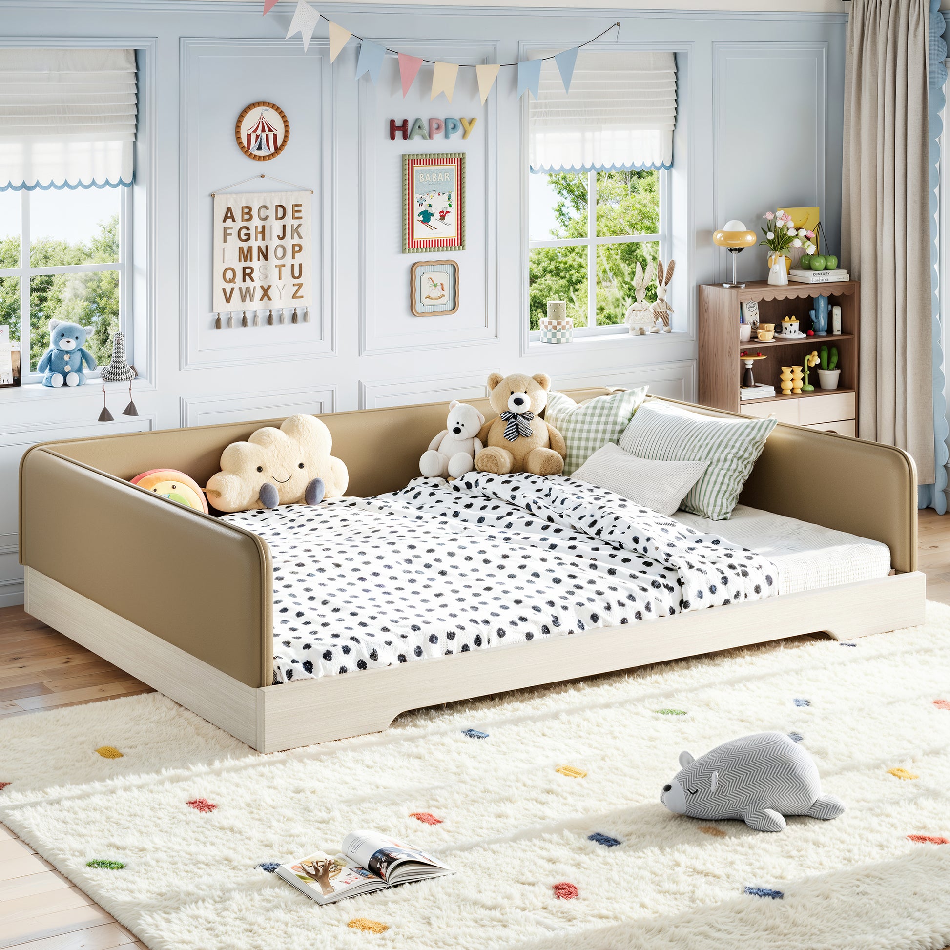 variant-group:rf-w1580s00672|Roomfitters Queen Size Upholstered Floor Bed Frame with Removable Guardrails, Faux Leather Low Profile Platform, Brown