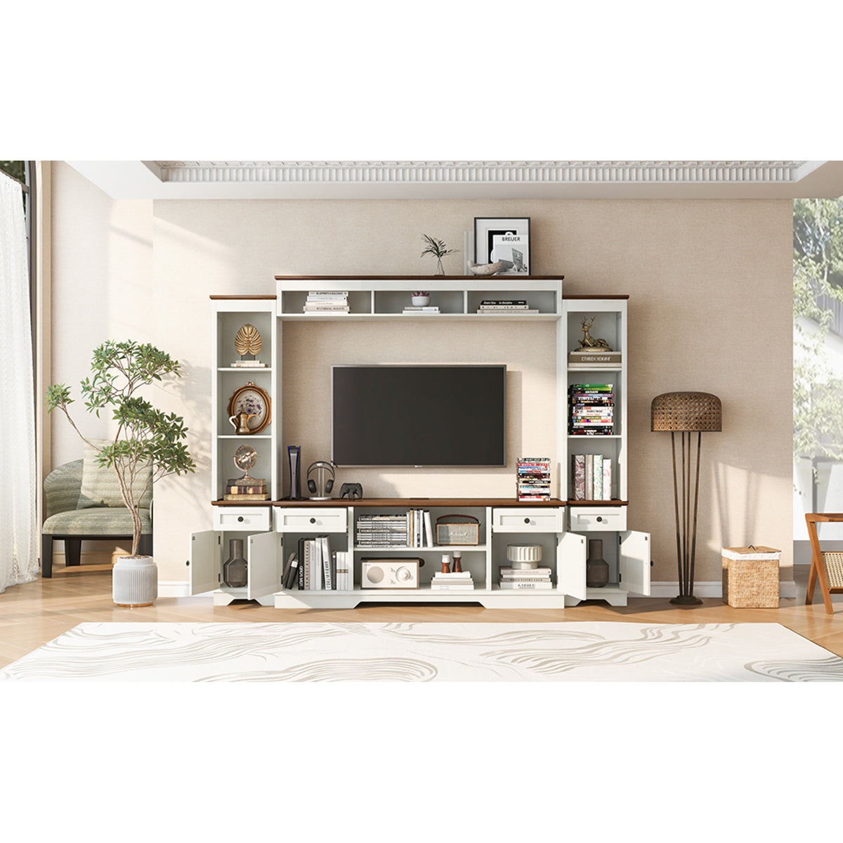 variant-group:rf-n724sj000154aak|Roomfitters 98.8"W Farmhouse Wall Unit Entertainment Center, 4 Barn Doors, White & Walnut