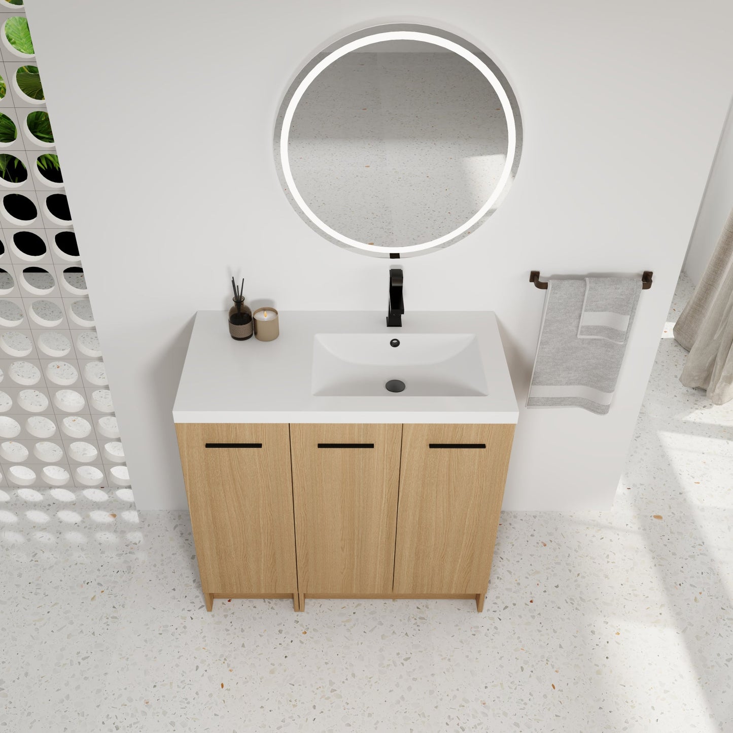 36" Modular Freestanding Bathroom Vanity with 36" Resin Sink Top, Light Oak, 2-Piece Cabinet (24" 2-Door + 12" 1-Door), KD Cabinet, Includes Black & Brushed Aluminum Handles Roomfitters