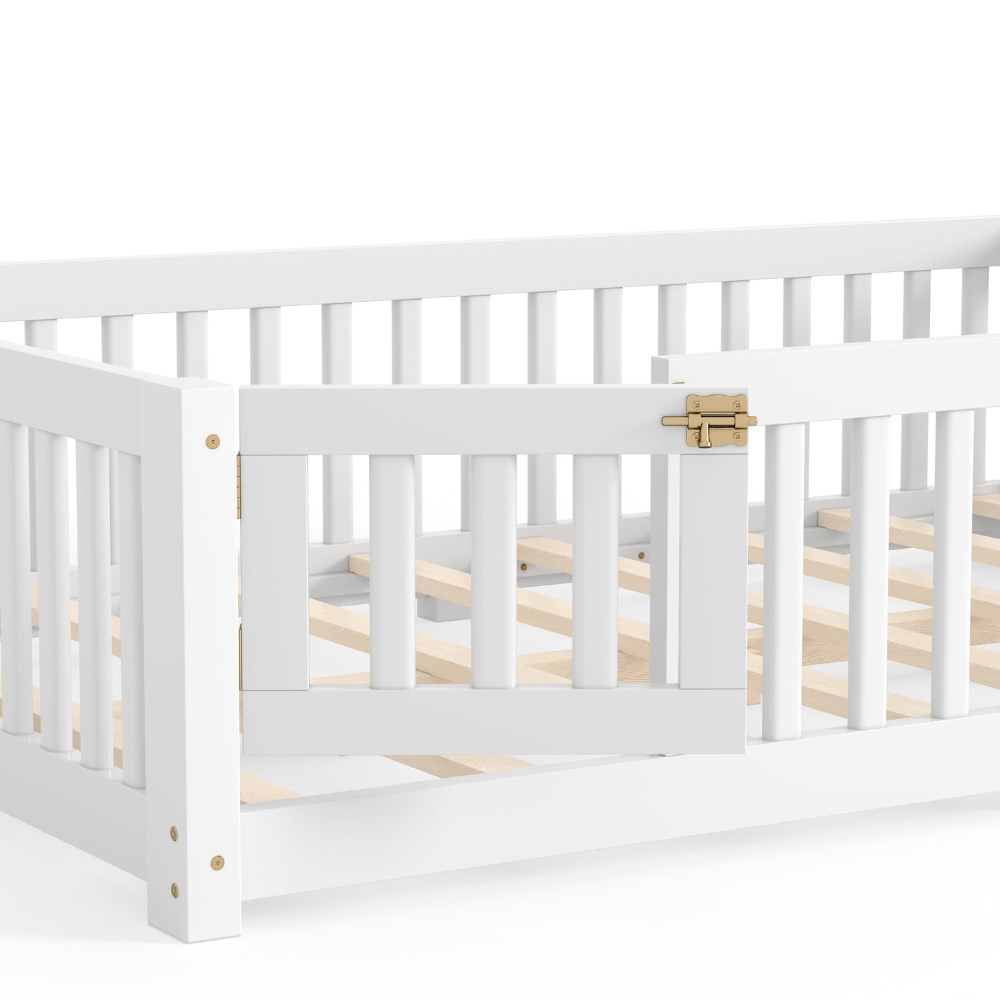 variant-group:rf-w1580p462317|Roomfitters Full Size Wooden Floor Bed Frame with Safety Guardrails Door, Solid Wood Low Profile Toddler Play Bed, White
