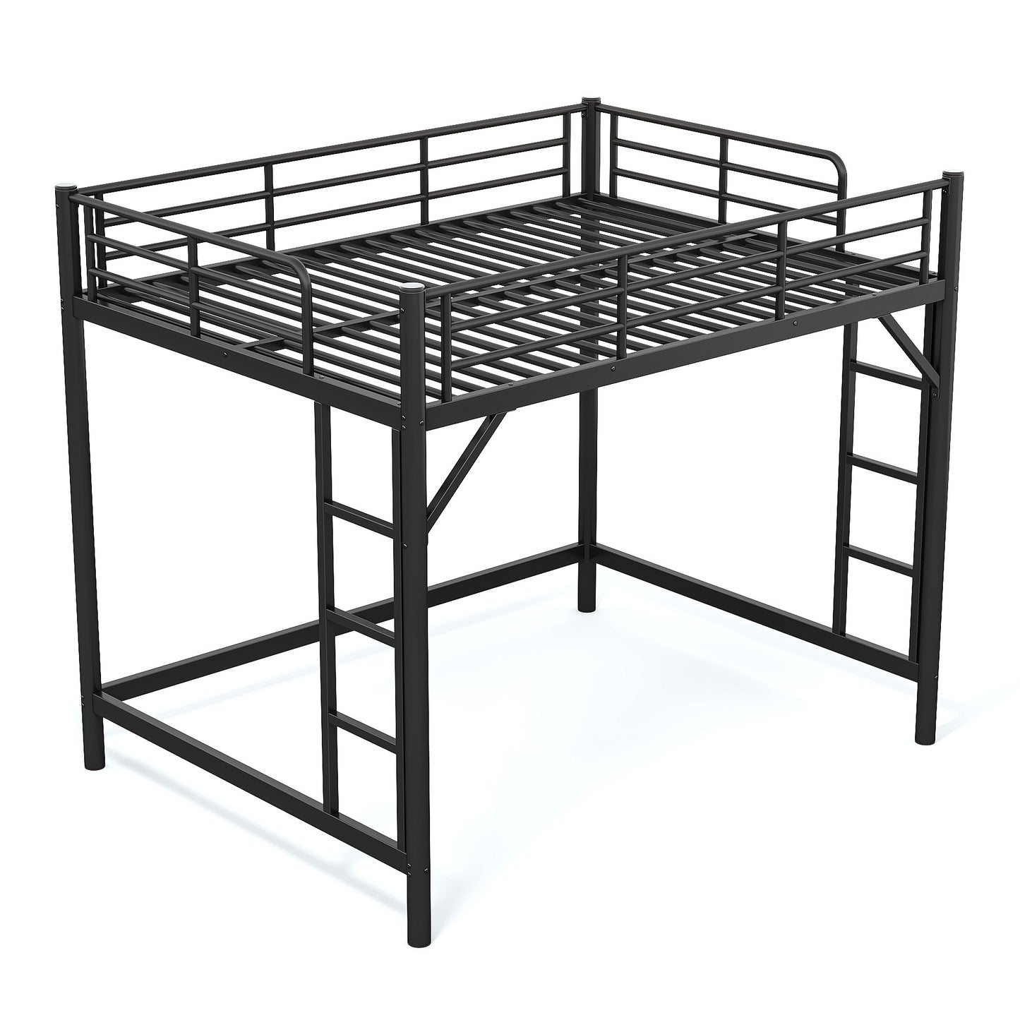 variant-group:rf-w1580p455017|Roomfitters Queen Size Metal Loft Bed Frame with Guardrails, Heavy Duty Space Saving High Loft Bed Dual Ladders, Black