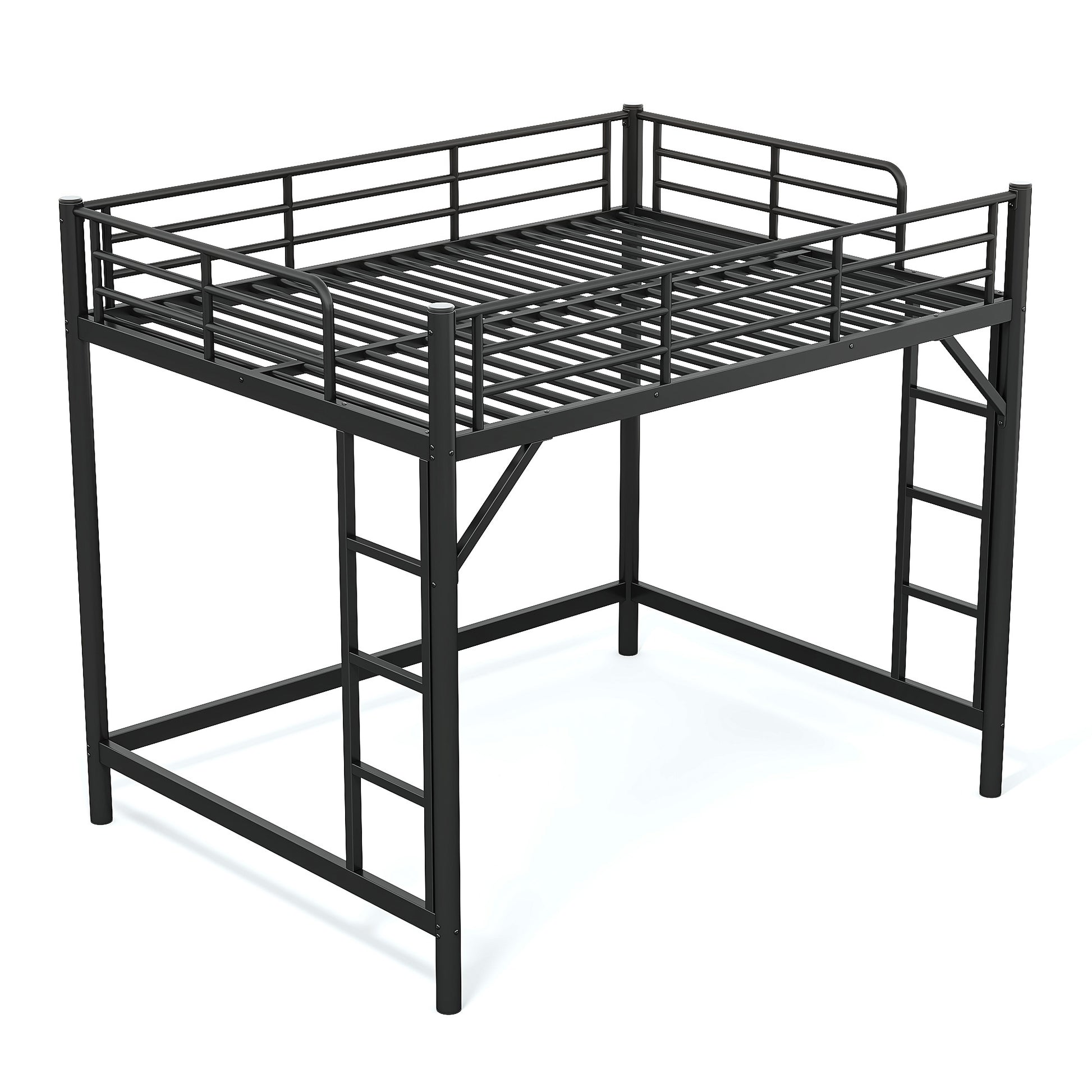 variant-group:rf-w1580p455017|Roomfitters Queen Size Metal Loft Bed Frame with Guardrails, Heavy Duty Space Saving High Loft Bed Dual Ladders, Black