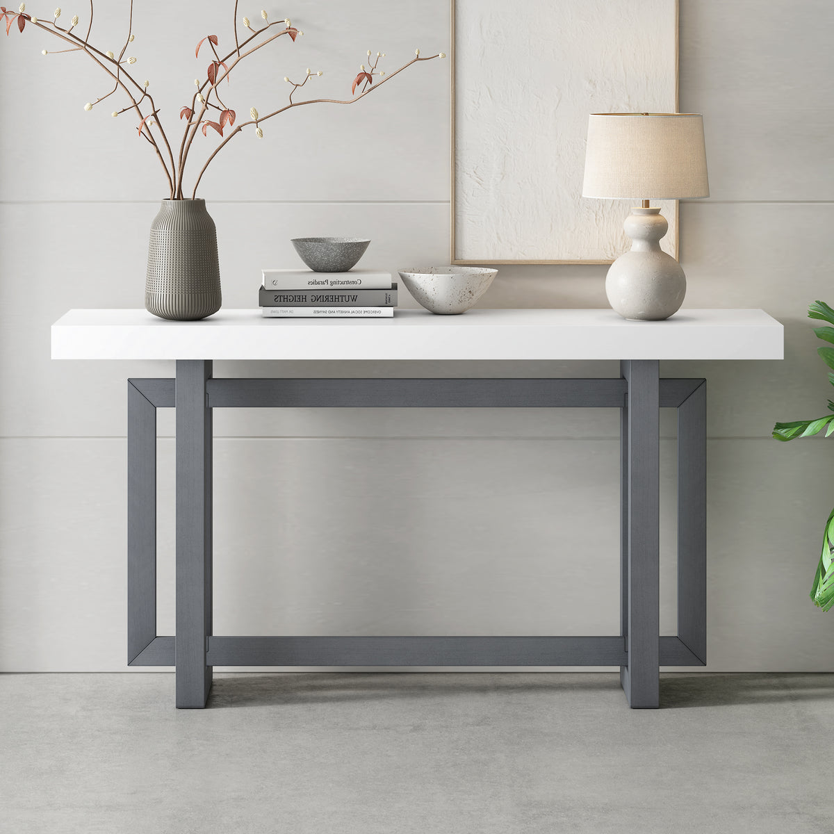 variant-group:rf-n711p410422m|Roomfitters Contemporary Dark Grey and White Pine Veneer Extra Long Console Table with Unique Triple Rectangle Solid Wood Legs