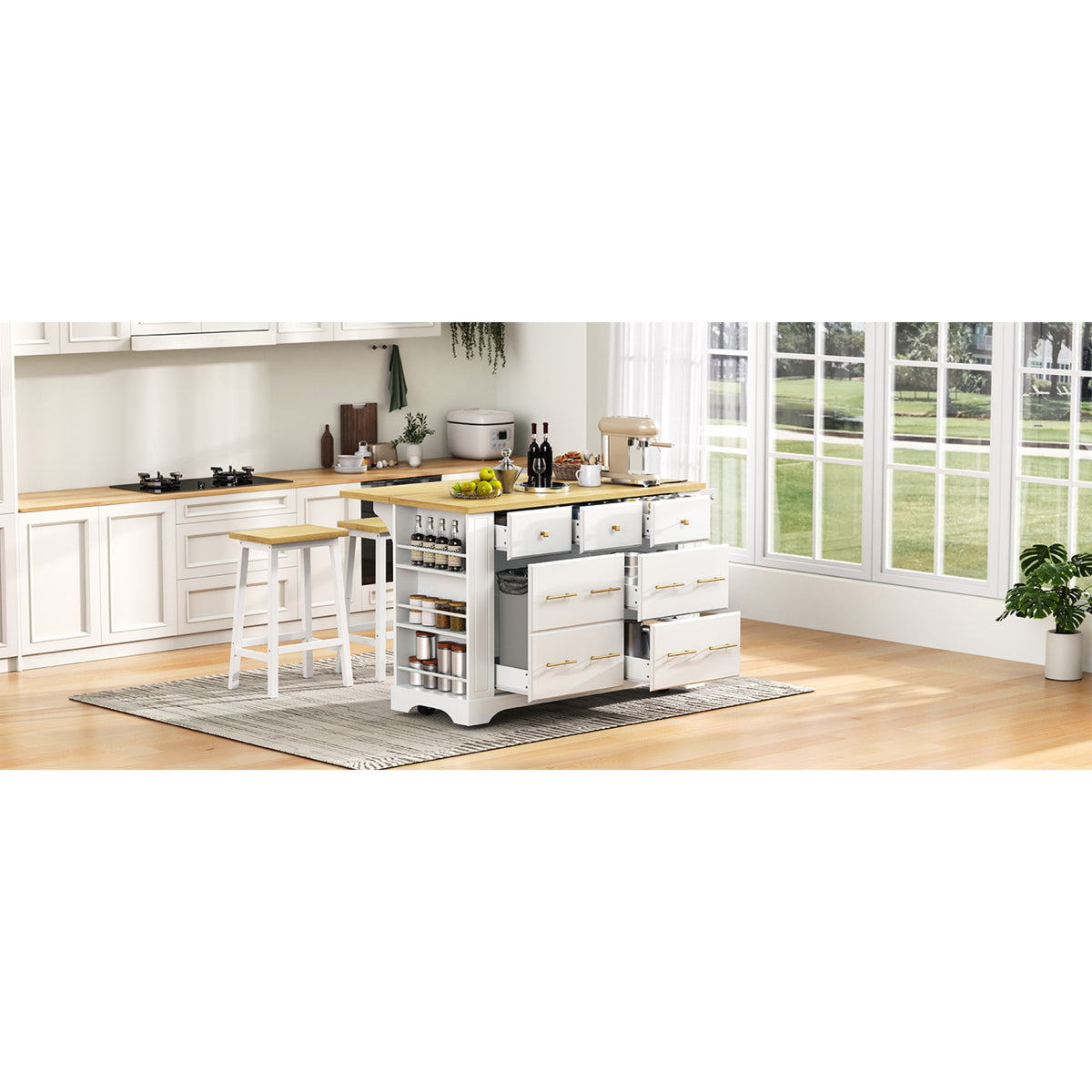 variant-group:rf-n707s307292w|Roomfitters 51" Kitchen Island with Power Outlet and Drop Leaf, Rolling Cabinet with Pull-Out Trash Can Drawer, White