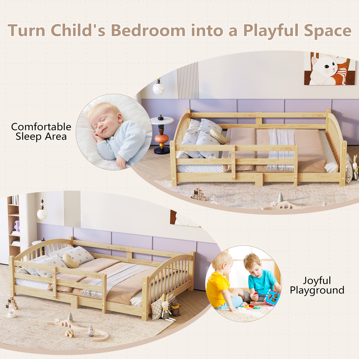 variant-group:rf-n733p400298n|Roomfitters Twin Montessori Floor Bed with Guardrails, Solid Wood Low Platform Bed with Slats, Easy Assembly, Natural