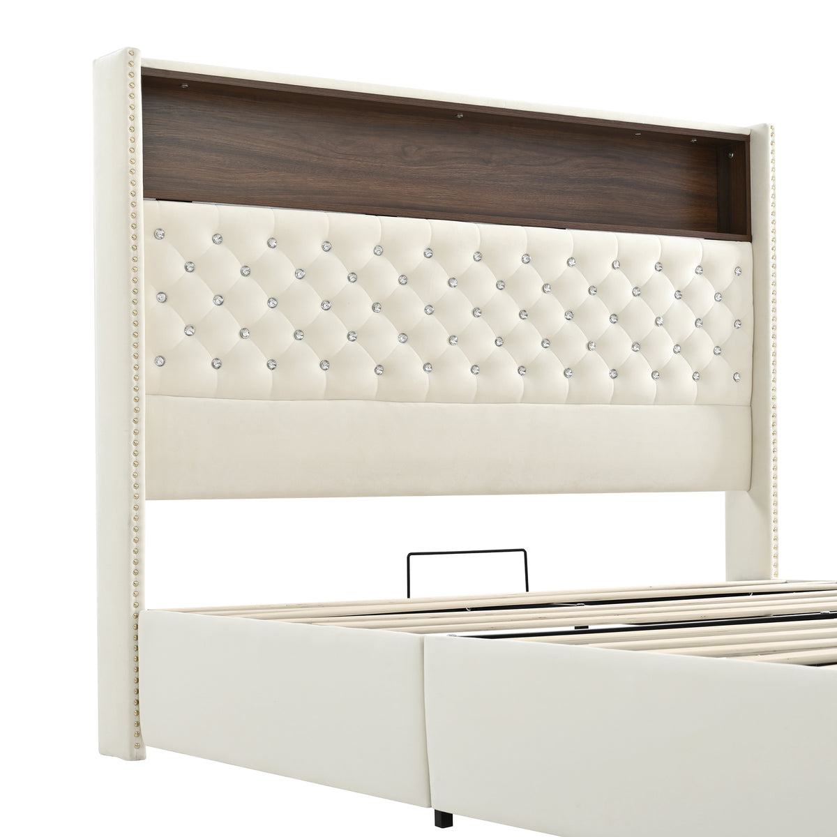 variant-group:rf-n733p367135a|Roomfitters Queen Velvet Tufted Platform Bed with Charging Ports, Tall Wingback Headboard with Rivet Trim and Shelf, Beige