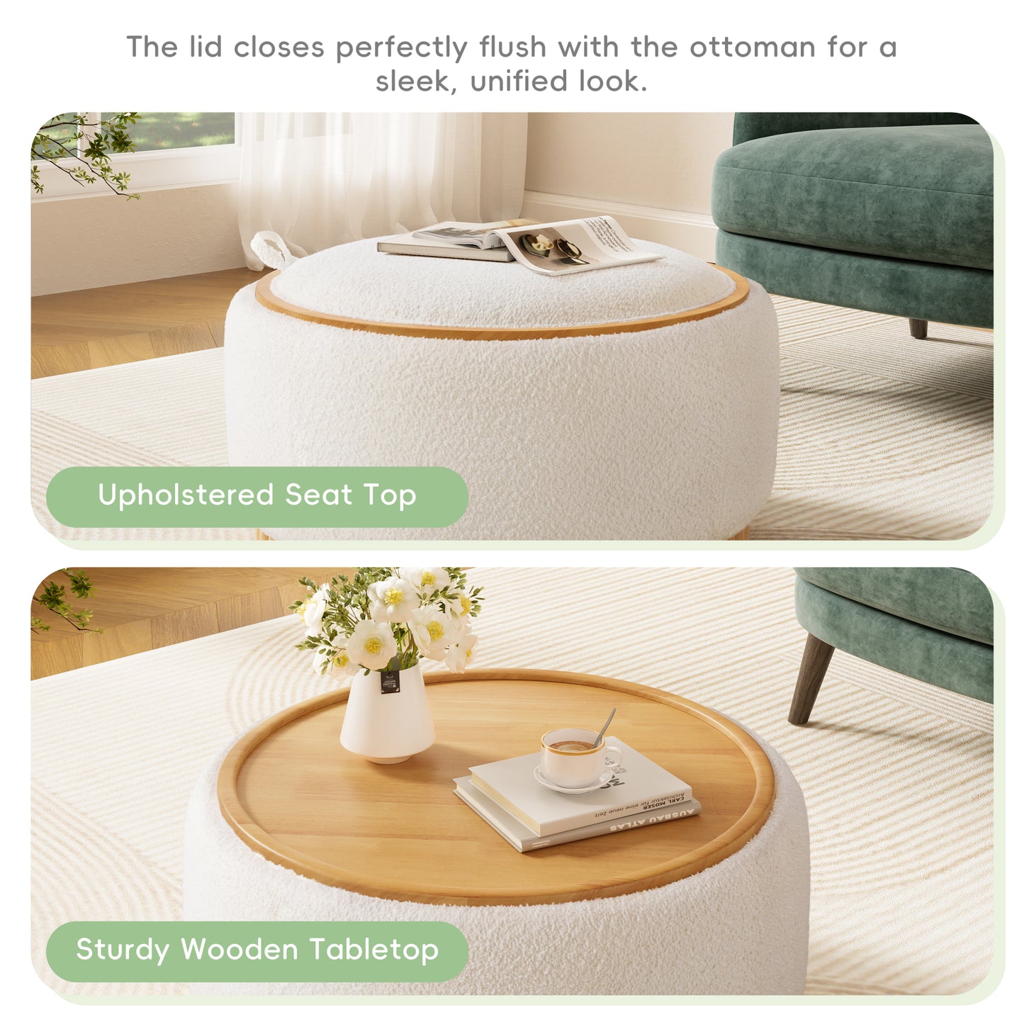 variant-group:rf-n723p405304a|Roomfitters 29 Inch Round Storage Ottoman with Reversible Wooden Tray Top, Upholstered Coffee Table for Living Room, Beige