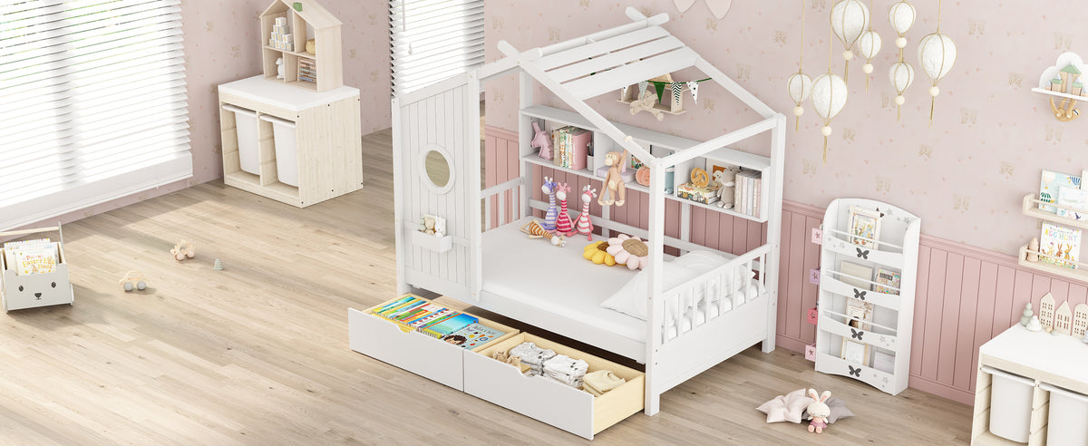 variant-group:rf-n733s308483k|Roomfitters Wooden Twin Size House Bed with 2 Drawers and Storage Shelf, White