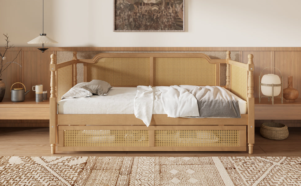 variant-group:rf-n701bs701p415472d|Roomfitters Twin Size Traditional Rattan Daybed Frame with 2 Storage Drawers, French Country Wood Bed, No Box Spring, Walnut