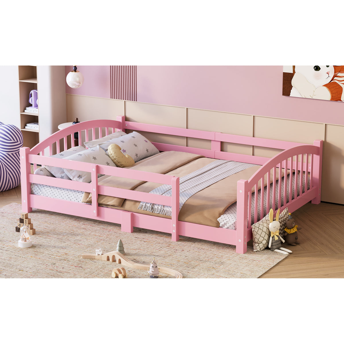 variant-group:rf-n733p400299h|Roomfitters Full Montessori Floor Bed with Guardrails, Solid Wood Low Platform Bed with Slats, Easy Assembly, Pink