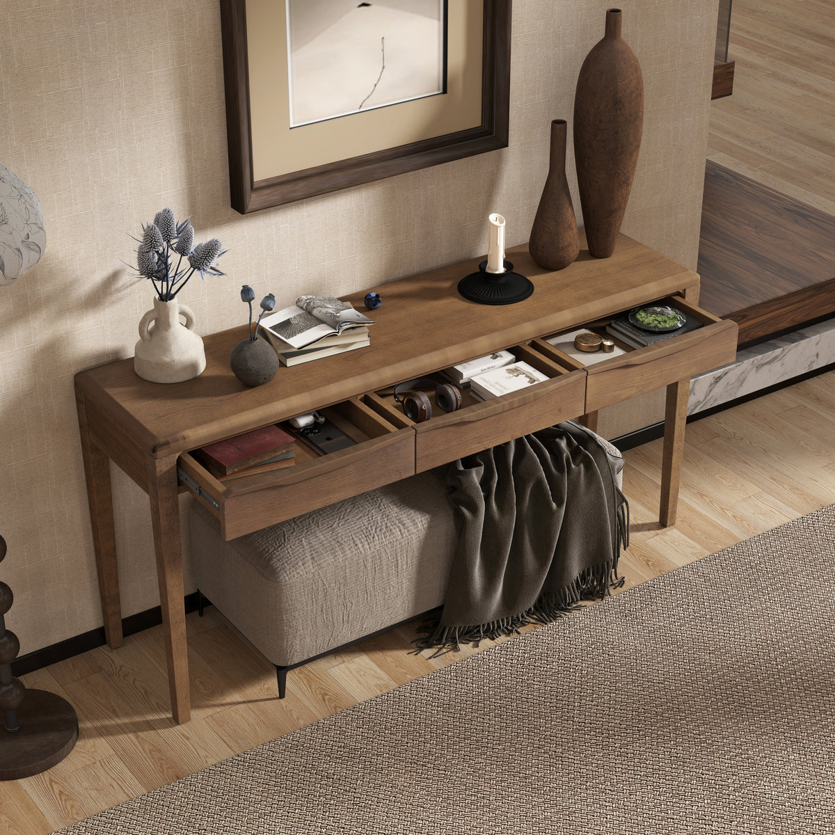 variant-group:rf-n711p401926d|Roomfitters Light Luxury Brown Oak Veneer Console Table with 3 Wavy Curved Drawers and Soft Rounded Corners