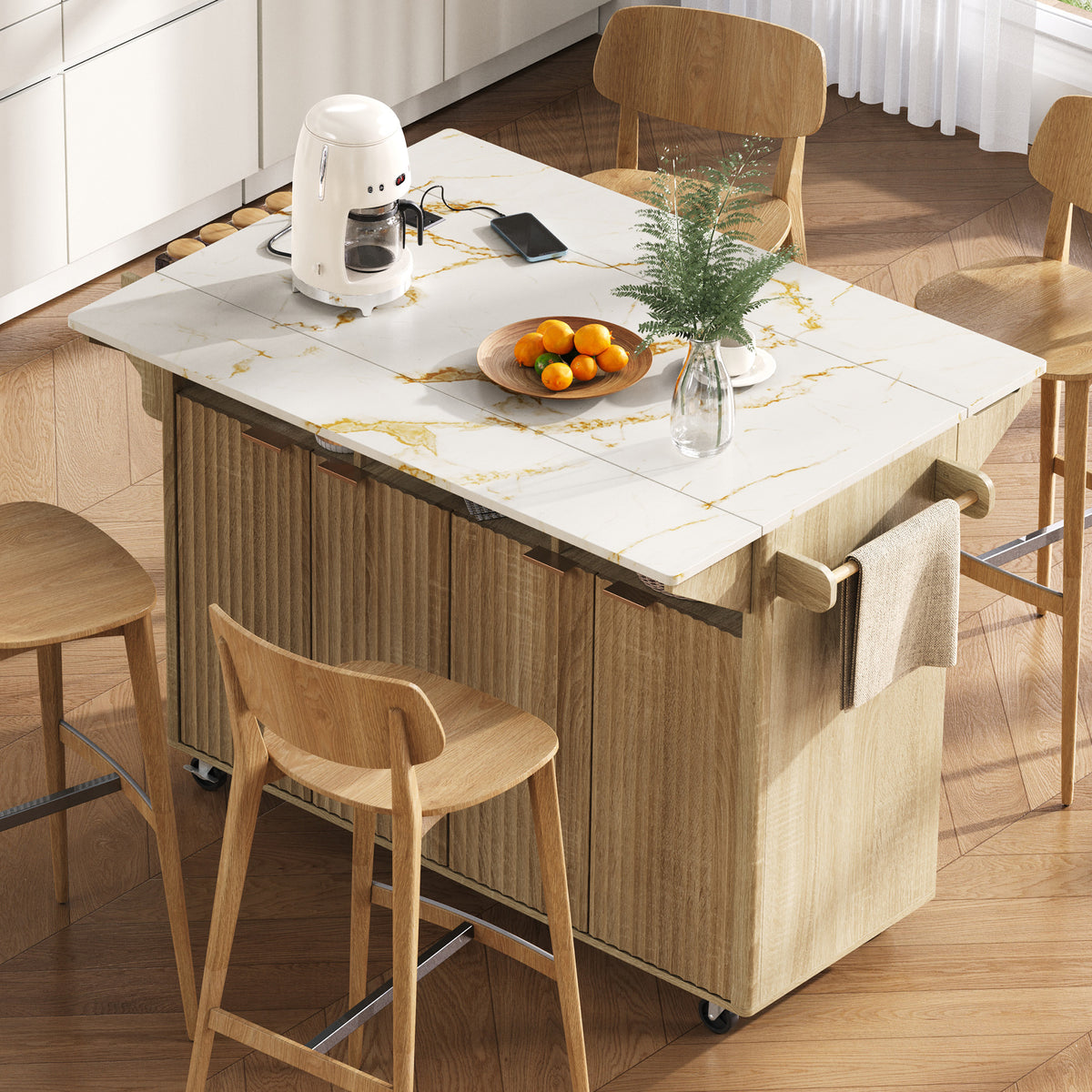 variant-group:rf-n707p353934y|Roomfitters 55.5" Fluted Kitchen Island with Double Drop Leaf, Natural Storage Cart with Power Outlet & Faux Marble Top