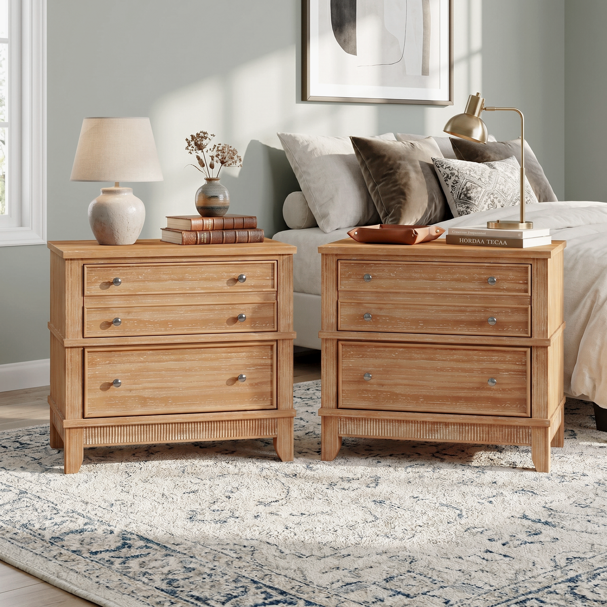 variant-group:rf-n701bs701p183796d|Roomfitters 3 Drawer Farmhouse Wood Nightstand Set of 2, Fully Assembled Bedside Accent Side Table, Felt Lined, Hazel