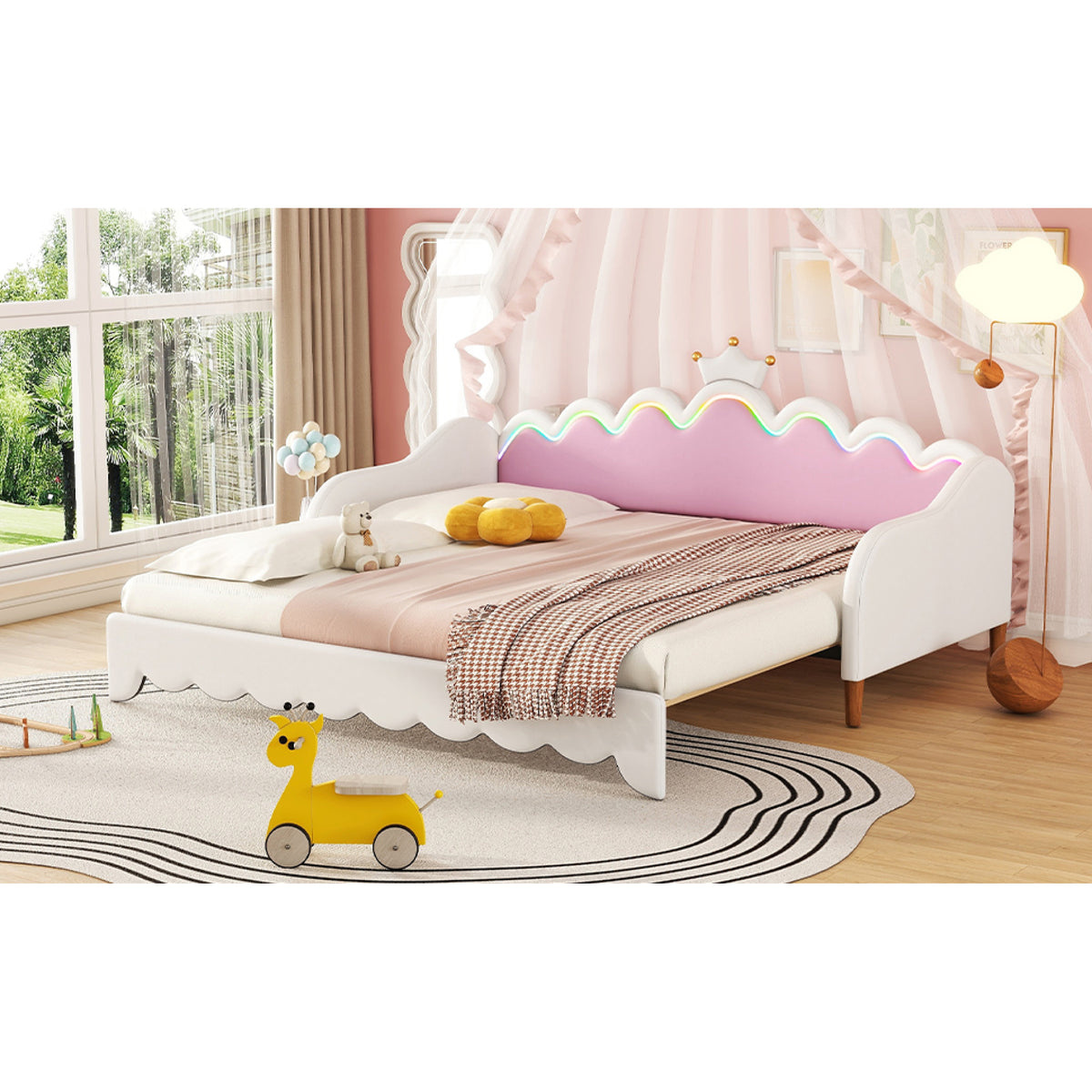 variant-group:rf-n733hl000104aak|Roomfitters Twin Extending Daybed with Lights, Modern Upholstered Princess Daybed with Crown Headboard, Sophisticated and Functional Design, White
