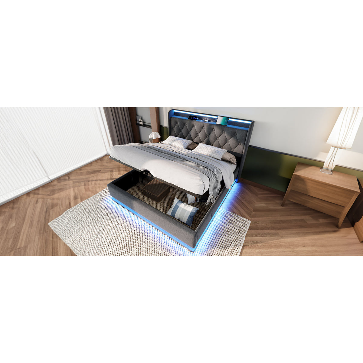variant-group:rf-n736p188807g|Roomfitters Queen Size Upholstered Storage Bed with USB Type-C Charging and Remote Control, Linen Gray