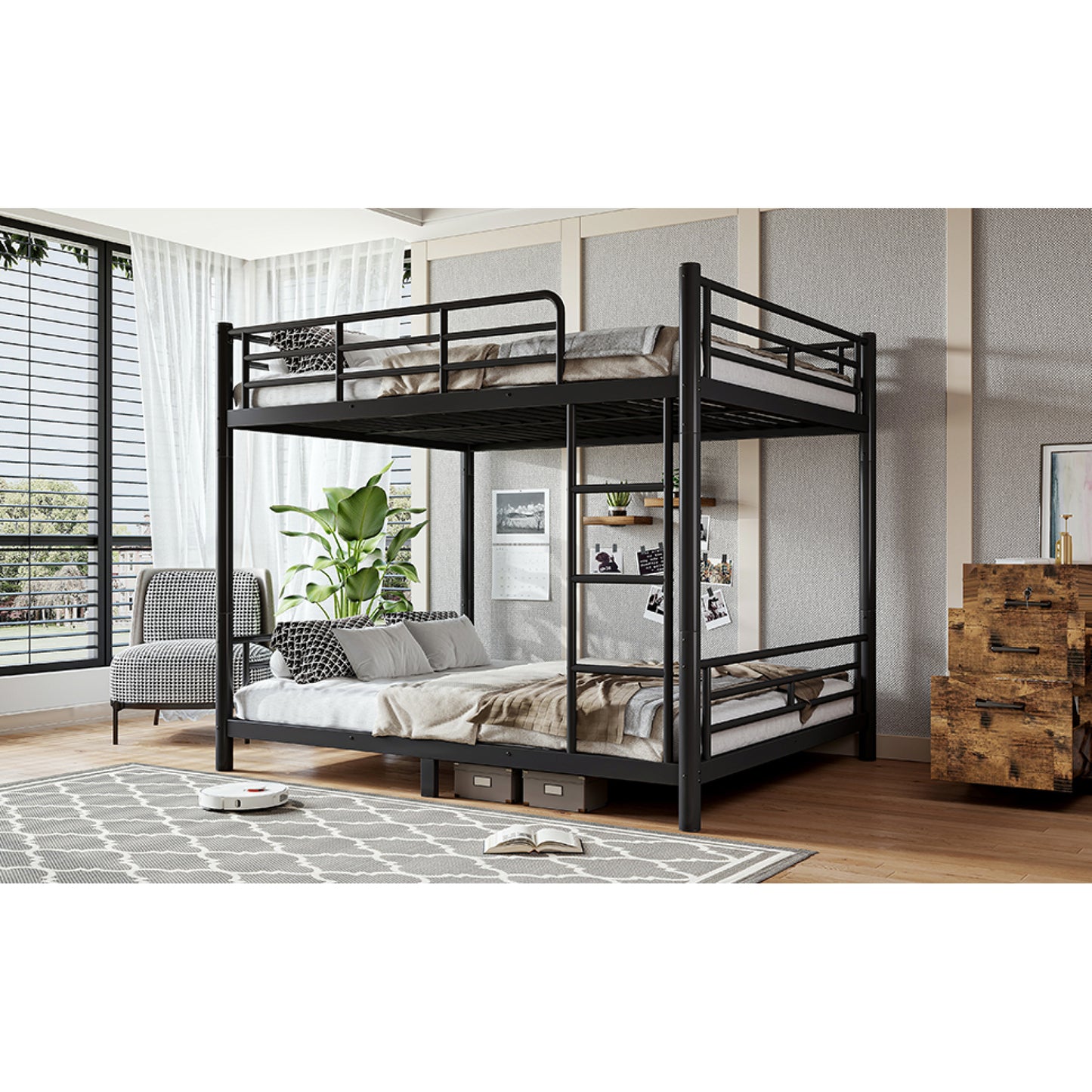 variant-group:rf-w1580s00607|Roomfitters Queen over Queen Metal Bunk Bed Frame for Teens Adults, Convertible 2 Separate Beds Round Tube, Black