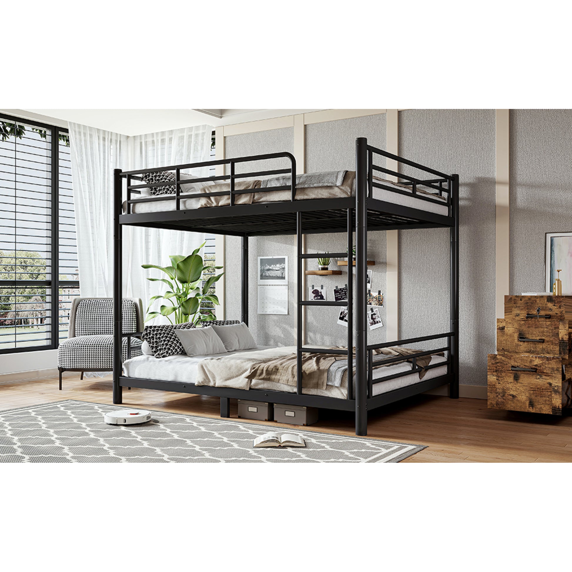 variant-group:rf-w1580s00607|Roomfitters Queen over Queen Metal Bunk Bed Frame for Teens Adults, Convertible 2 Separate Beds Round Tube, Black