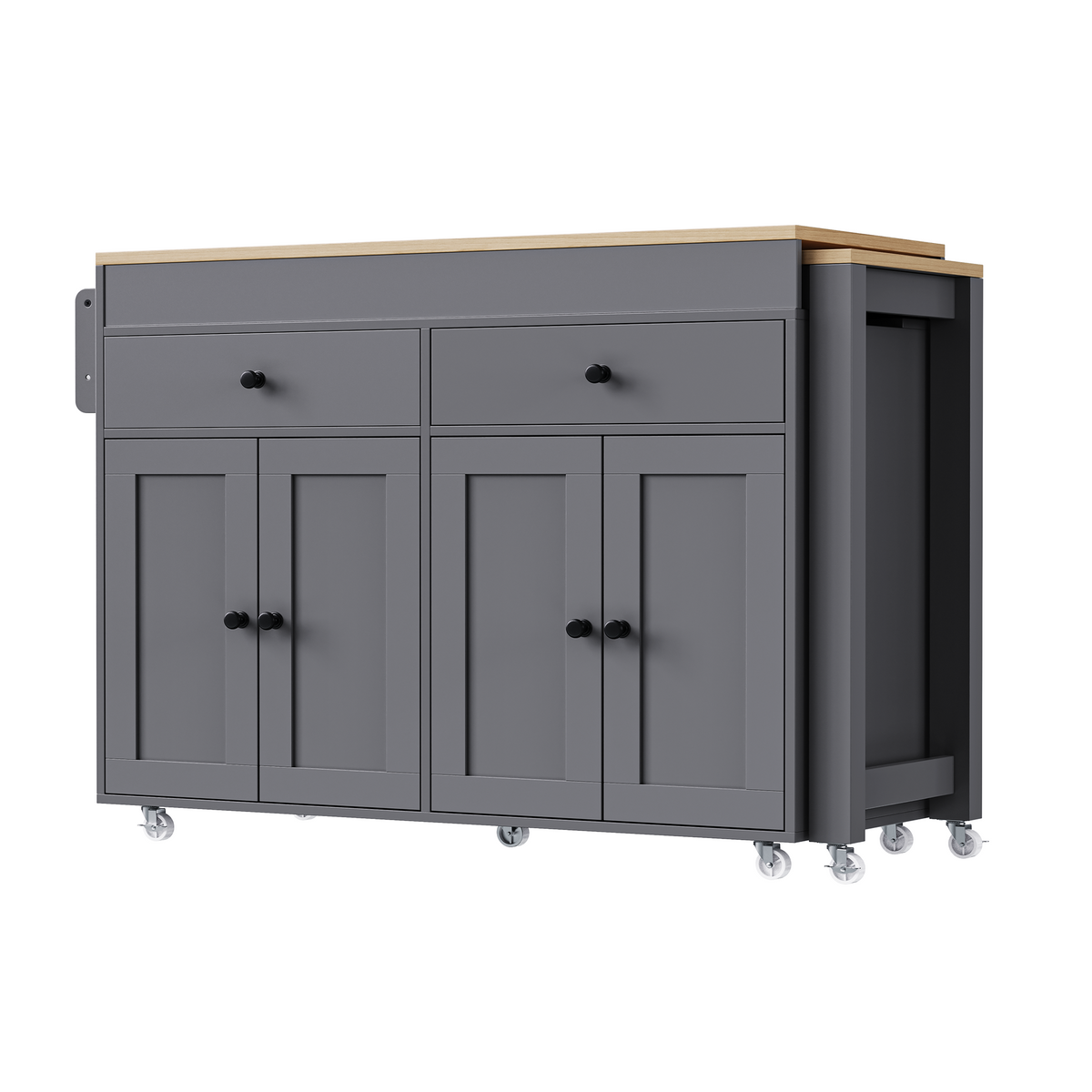 variant-group:rf-n707p333291g|Roomfitters 74.8" Rolling Kitchen Island with Extendable Dining Table, Mobile Cart with 4 Doors, 2 Drawers & Spice Rack, Grey
