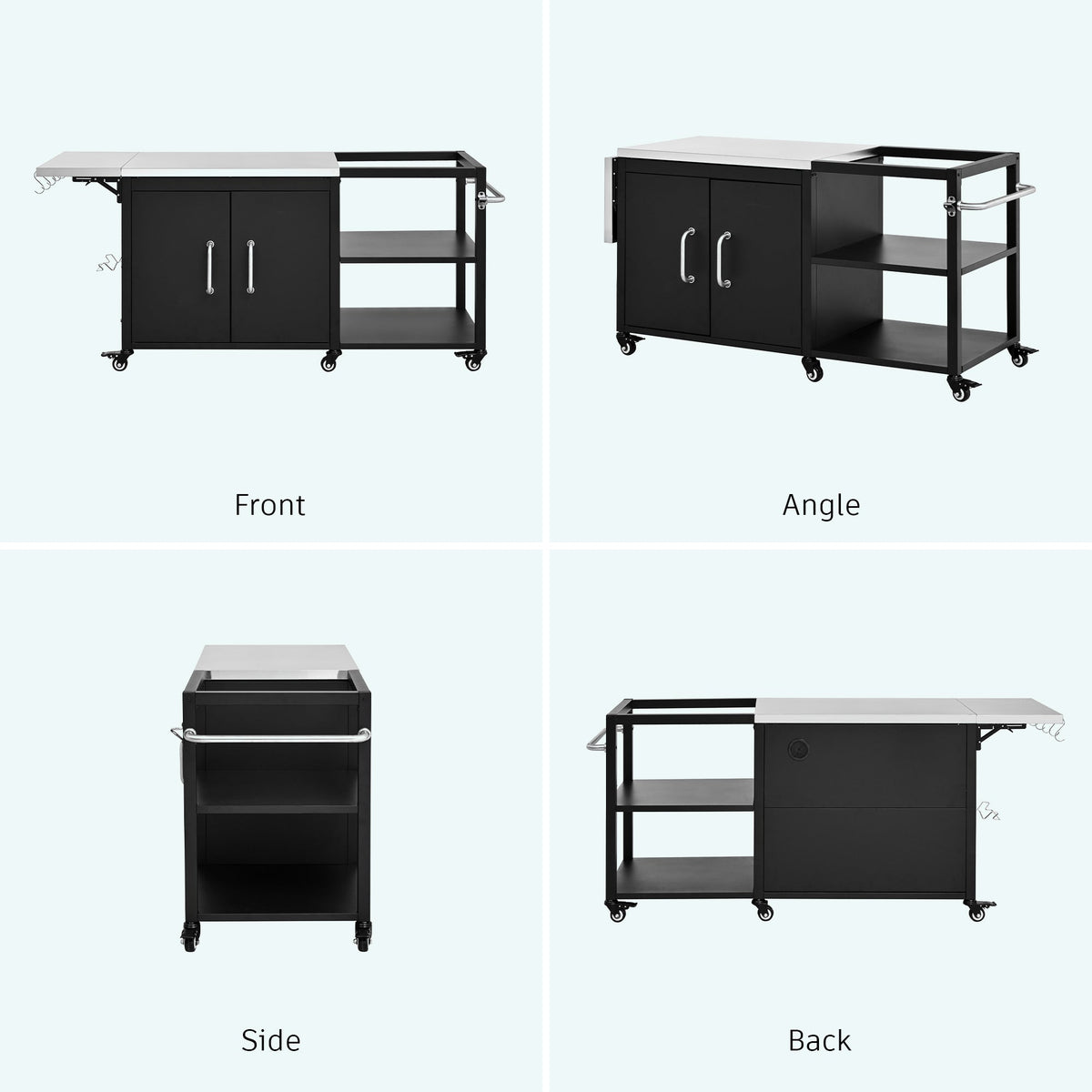 Roomfitters 76.6" Grill Cart with Stainless Steel Top and Kamado Nest, Folding Drop Leaf Prep Station, Mobile Cabinet, Black