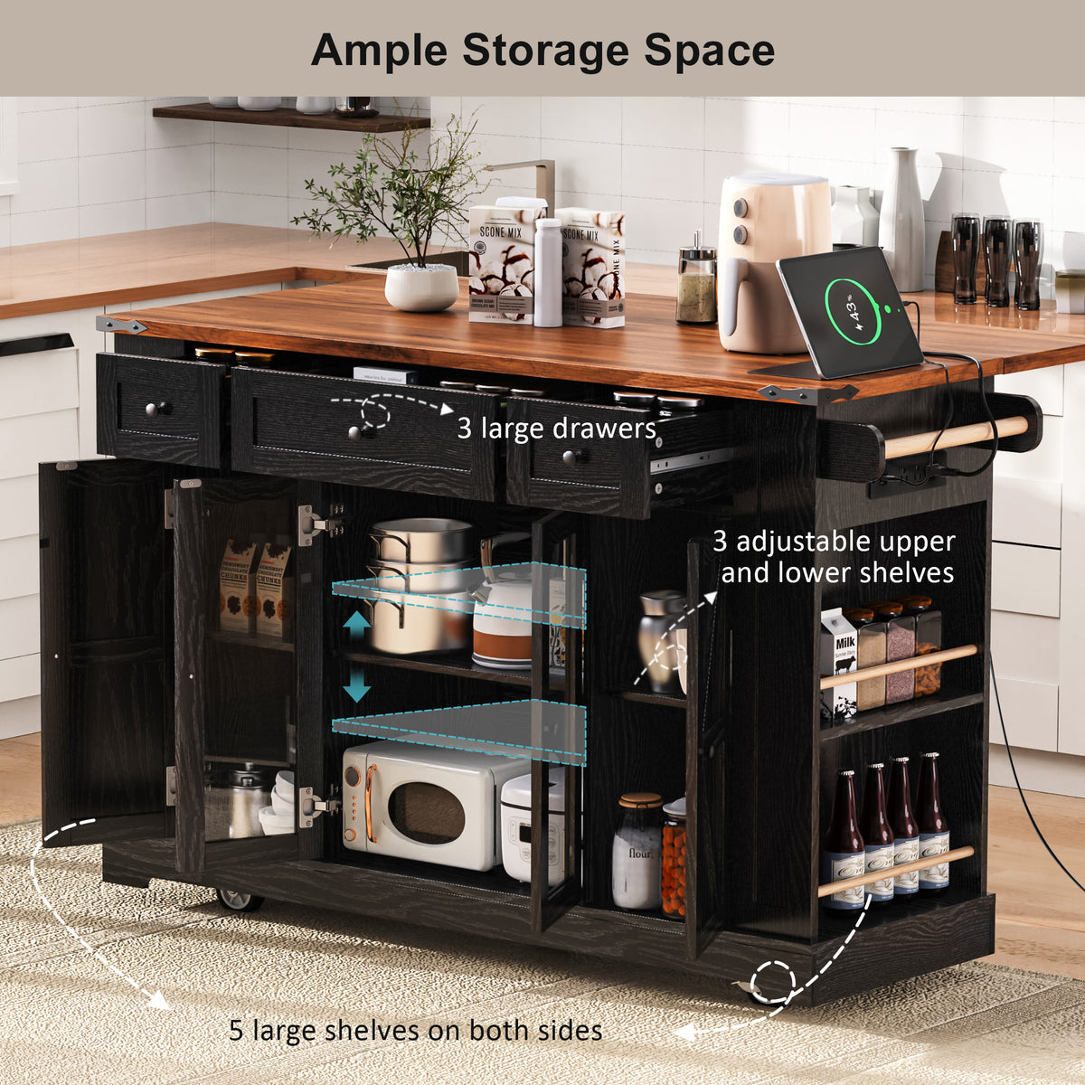 variant-group:rf-n707p263637b|Roomfitters 53" Rolling Kitchen Island with Drop Leaf, Mobile Cart with Glass Doors, 5 Side Shelves & Power Outlets, Black