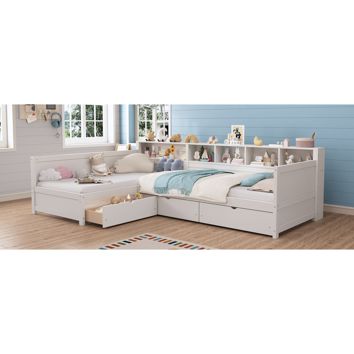 variant-group:rf-n733s369272k|Roomfitters Twin L-Shaped Daybed for 2 with 3 Storage Drawers, Wooden Corner Bed Frame with Bookshelf for Bedroom, White