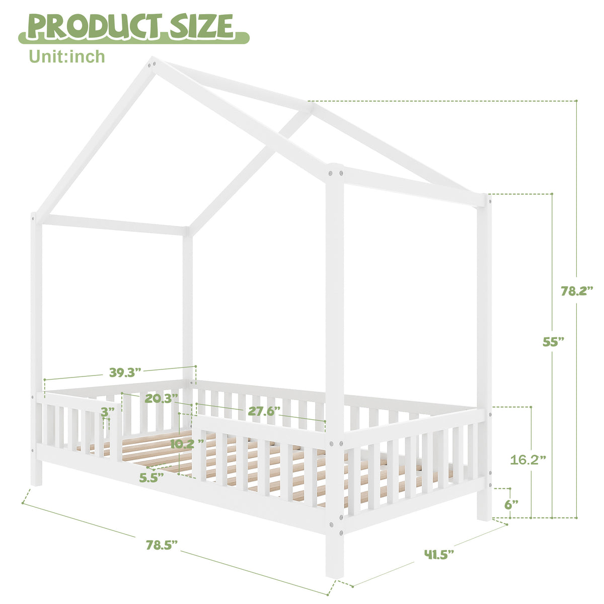 variant-group:rf-n733p356043k|Roomfitters Twin Montessori Floor Bed with Canopy, House Shape Wood Frame with Safety Rails, Youth Platform Bed, White