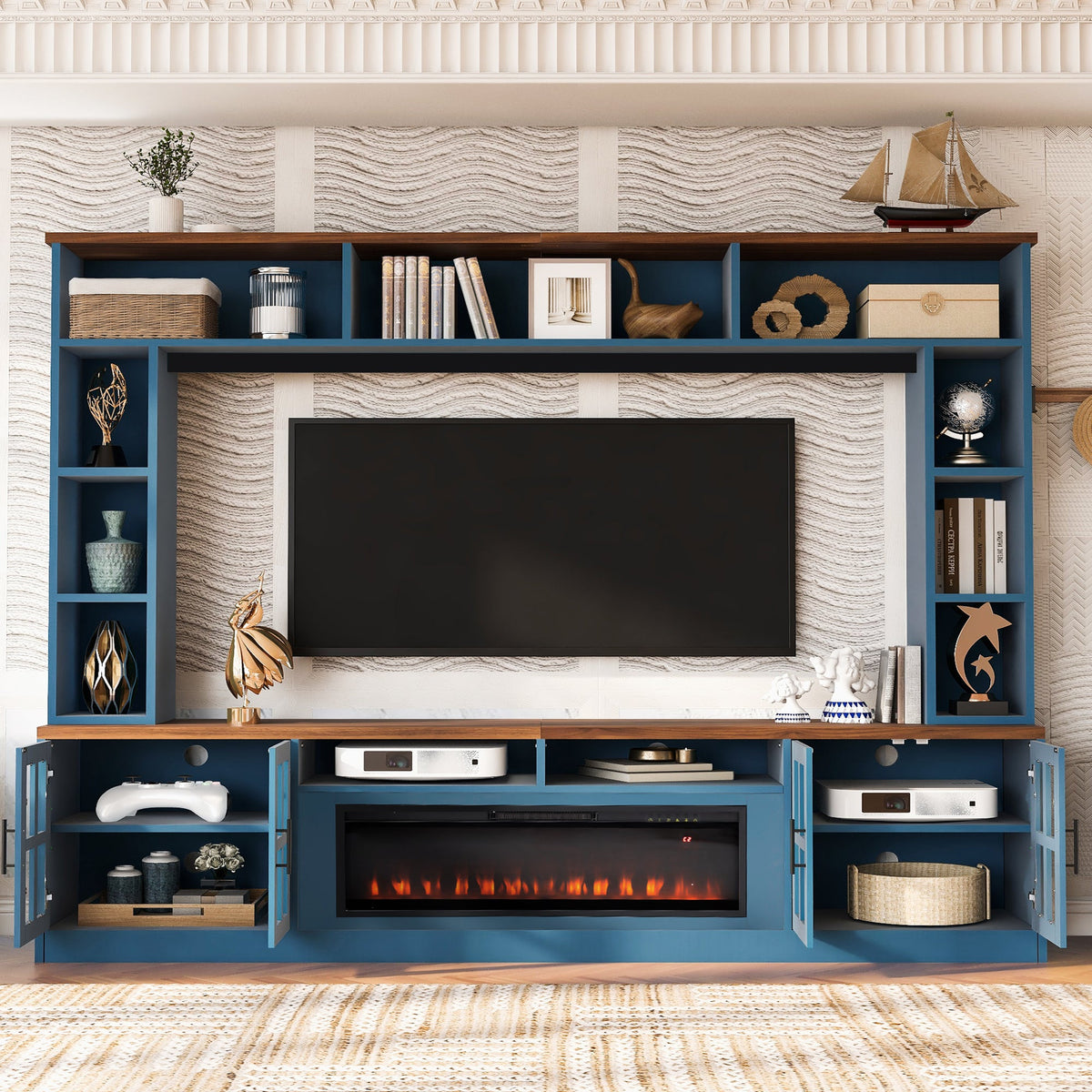 Roomfitters 95.5"W Large Wall Unit Entertainment Center, 39" LED Fireplace, Navy Blue Roomfitters