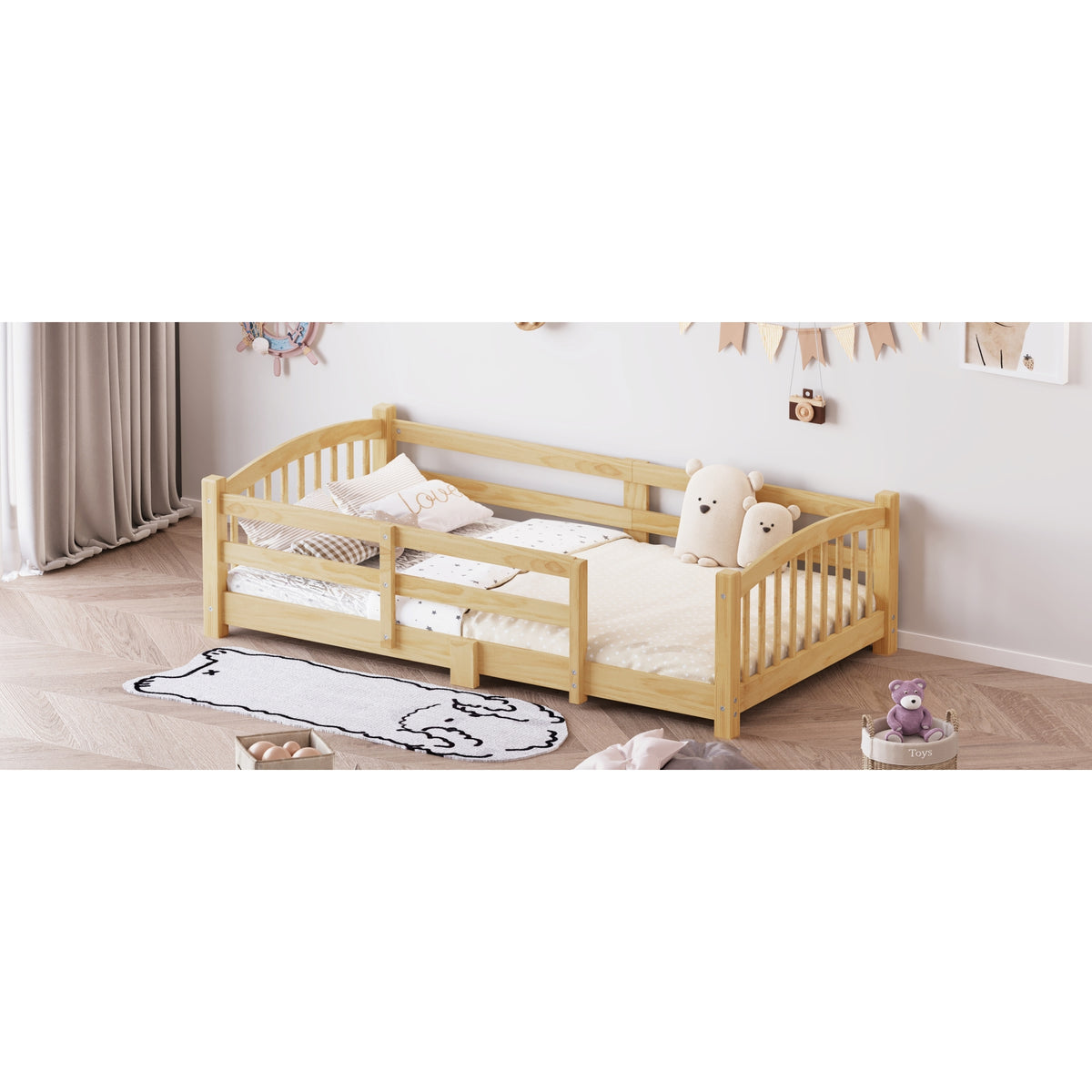 variant-group:rf-n733p400298n|Roomfitters Twin Montessori Floor Bed with Guardrails, Solid Wood Low Platform Bed with Slats, Easy Assembly, Natural