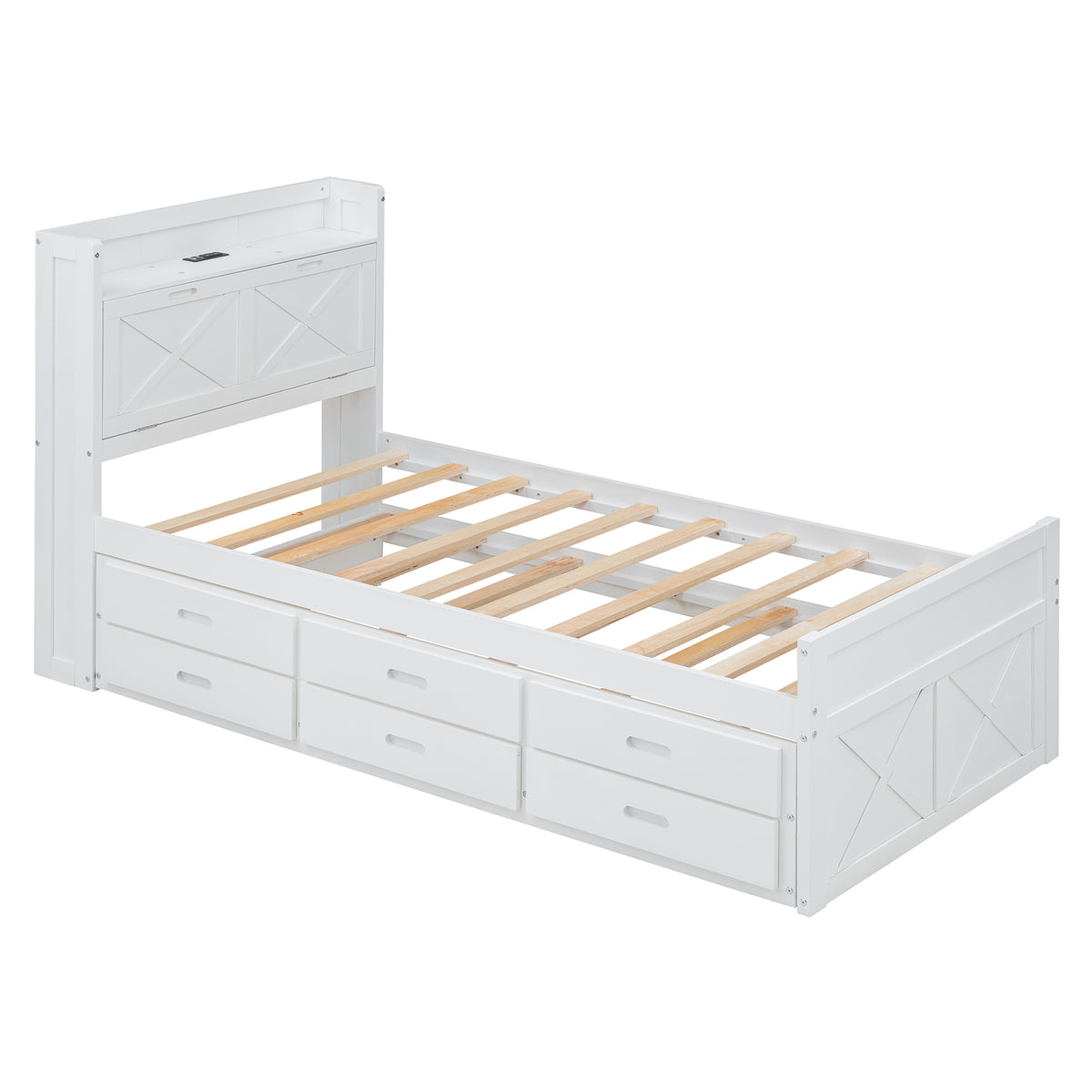 variant-group:rf-n733s172839k|Roomfitters Twin Size Wooden Bed with Storage Headboard, Functional Outlets, Extendable Frame with Twin Trundle and Smart Storage, White