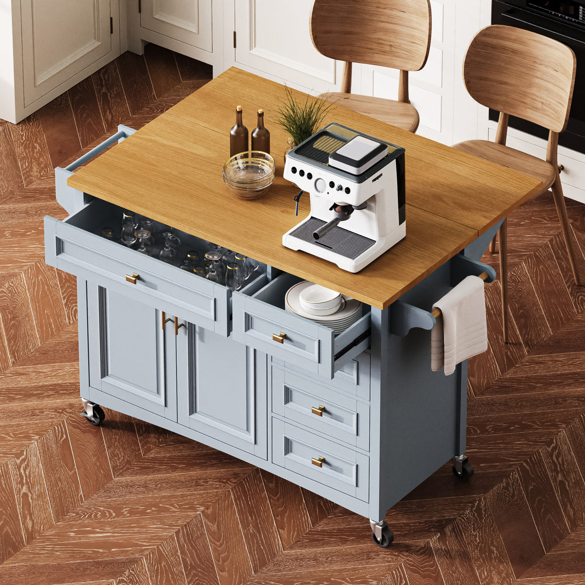 variant-group:rf-n707p195393g|Roomfitters 52" Kitchen Island with Drop Leaf, Rolling Kitchen Cart with Storage Cabinet, Spice Rack, Towel Rack, Adjustable Shelf, Blue Grey
