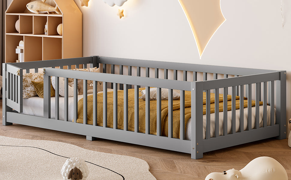 variant-group:rf-w1580p338948|Roomfitters Wooden Twin Floor Bed Frame with Door & Safety Guardrails, Low Platform Design for Bedroom or Playroom, Gray