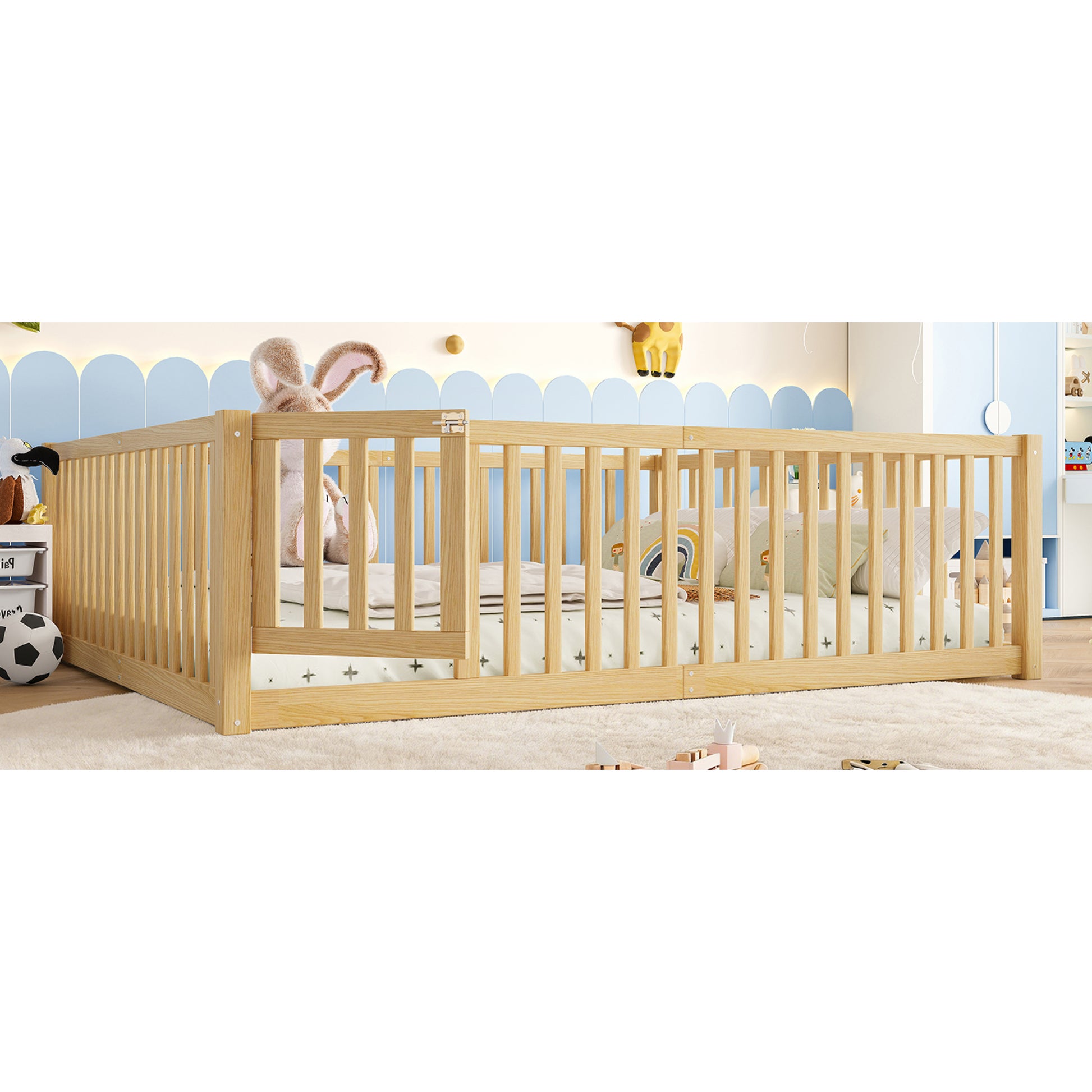 variant-group:rf-w1580p417673|Roomfitters Queen Size Wooden Floor Bed with Safety Guardrails Door, Solid Wood Low Profile Toddler Bed Frame, Natural