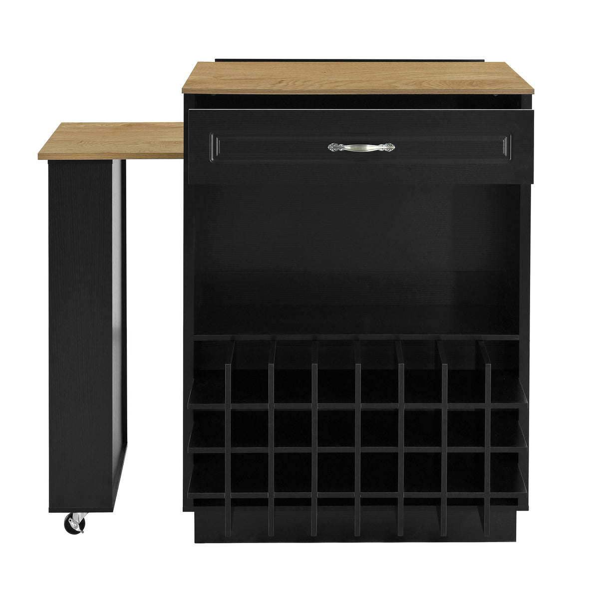 variant-group:rf-n711wy000493aab|Roomfitters Black and Natural Wood MDF Extendable Bar Cabinet, Rolling Kitchen Island Table, Wine Rack Storage