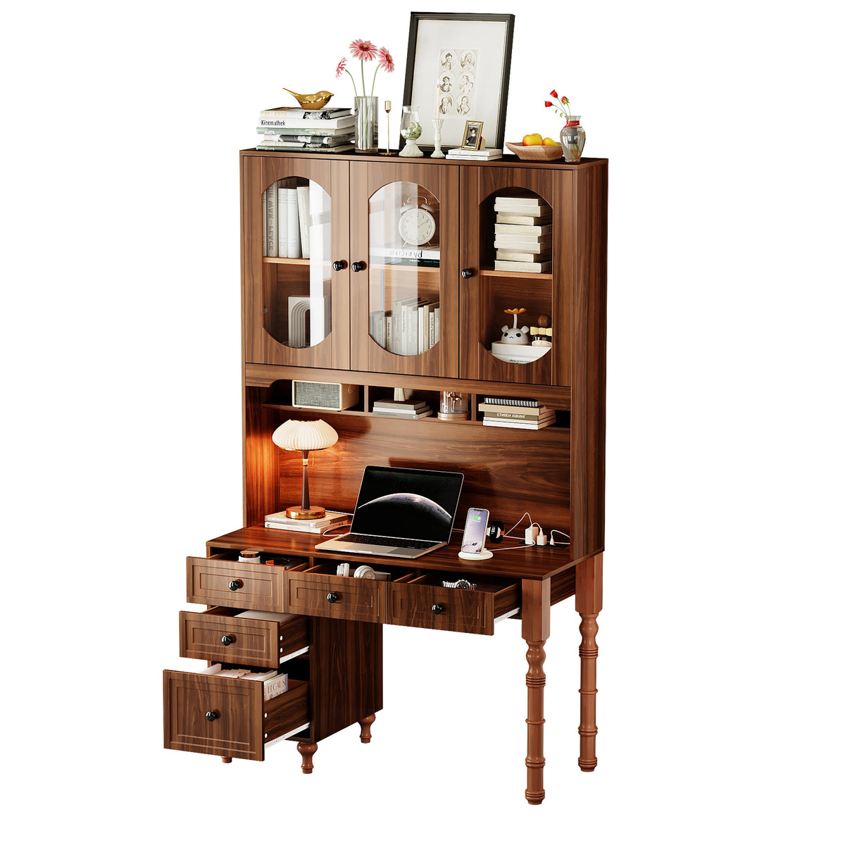 Roomfitters 47'' Retro Desk with Charging Ports and Hutch, Office Desk with 5 Storage Drawers and Glass Bookshelf, Walnut