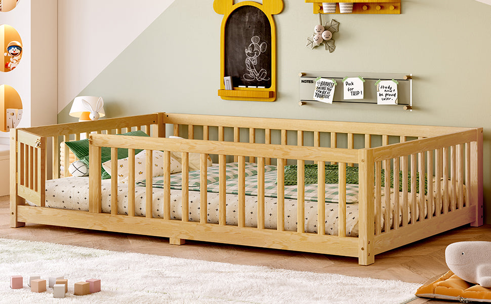 variant-group:rf-w1580p338952|Roomfitters Wooden Full Floor Bed Frame with Door & Safety Guardrails, Low Platform Design for Bedroom or Playroom, Natural