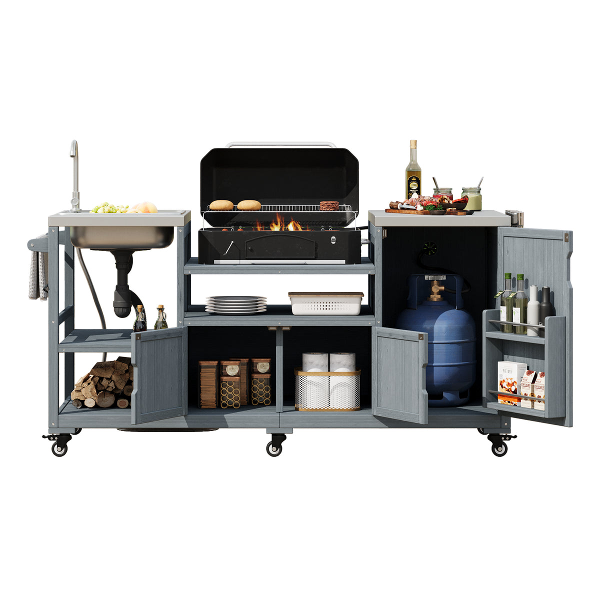 variant-group:rf-n707s000022g|Roomfitters 75.4" Outdoor Kitchen Island with Sink, Fir Wood Grill Cart for XL Green Egg & Tabletop Grills, Grey Blue