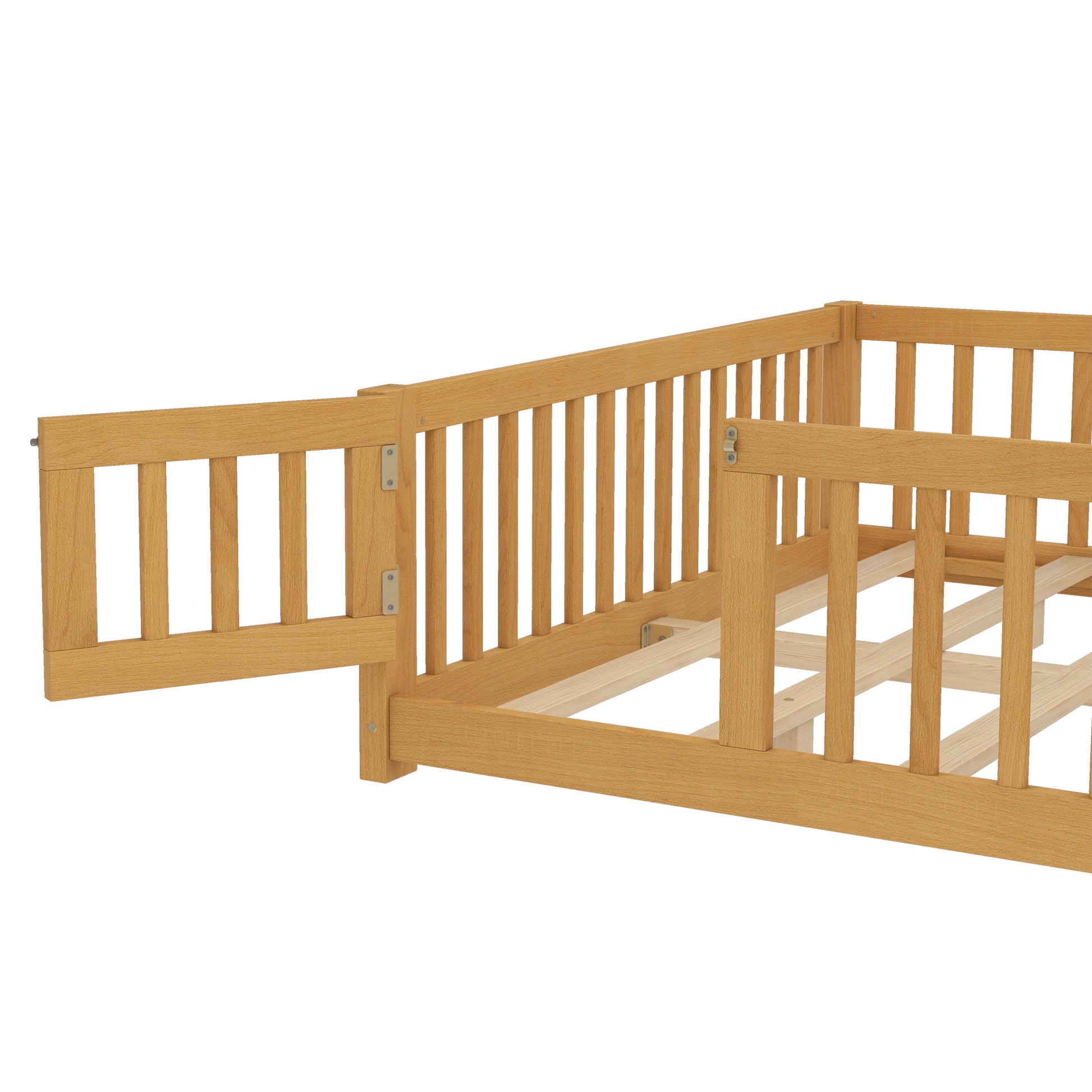 variant-group:rf-w1580p338954|Roomfitters Wooden Queen Floor Bed Frame with Door & Safety Guardrails, Low Platform Design for Bedroom or Playroom, Natural