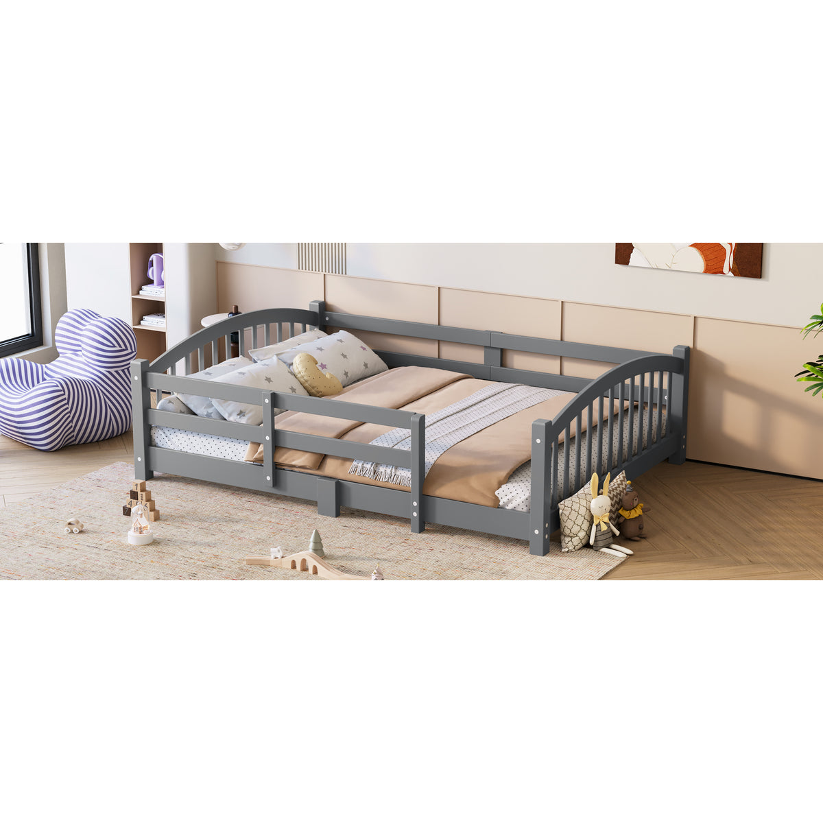 variant-group:rf-n733p400299e|Roomfitters Full Montessori Floor Bed with Guardrails, Solid Wood Low Platform Bed with Slats, Easy Assembly, Gray