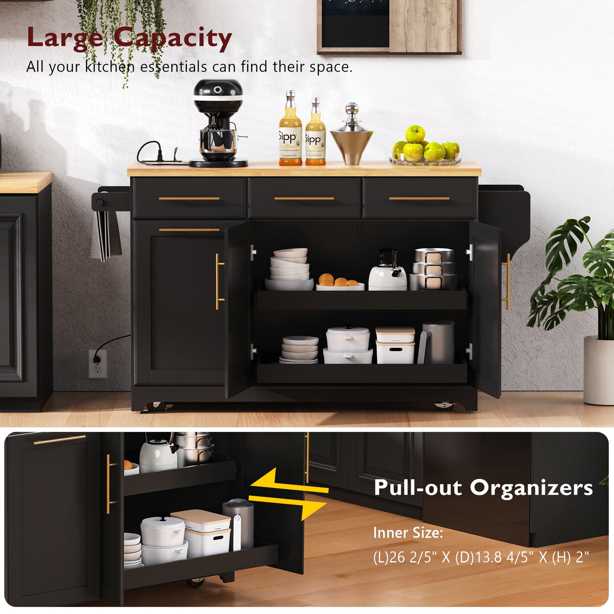 variant-group:rf-n707s299014b|Roomfitters 59.3" Kitchen Island with Power Outlet, Drop Leaf and Double Trash Can Pull Out, Rolling Cart, Black
