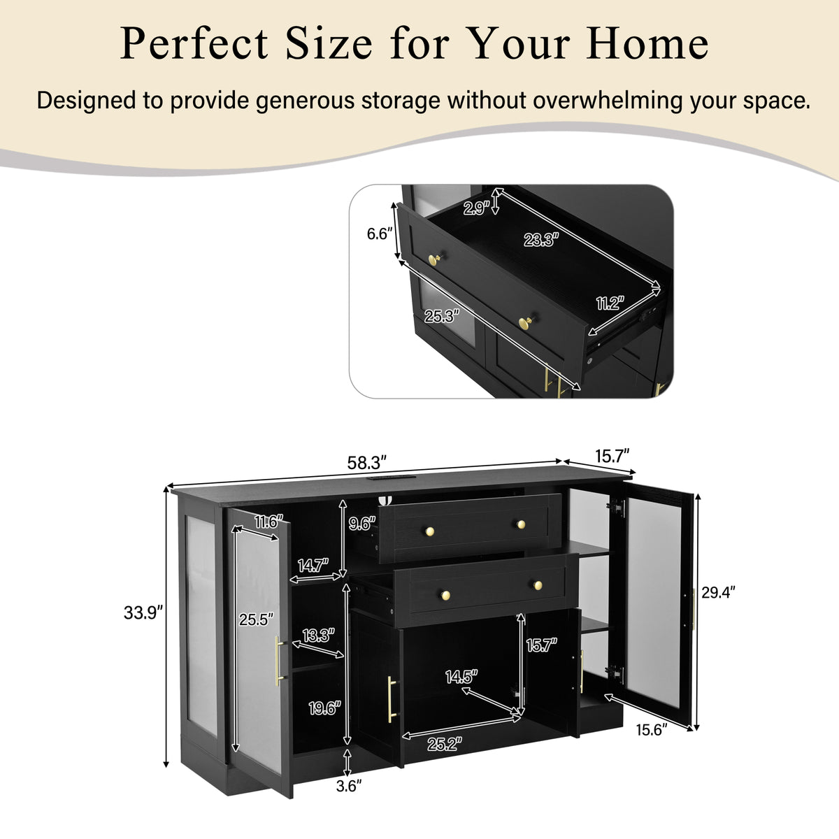 variant-group:rf-n711p437648b|Roomfitters Contemporary Black Melamine MDF Buffet Sideboard Storage Cabinet Acrylic Doors Dining Room Kitchen Console
