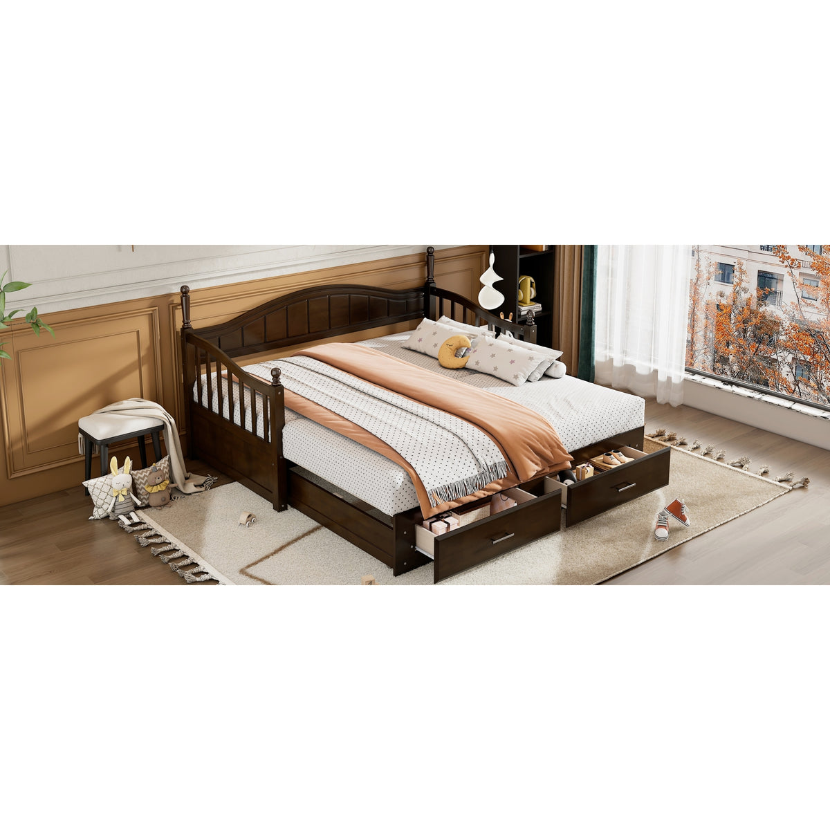 variant-group:rf-n733s173459p|Roomfitters Wooden Twin Size Daybed with Expandable Design, Twin Trundle and Two Practical Storage Drawers, Espresso