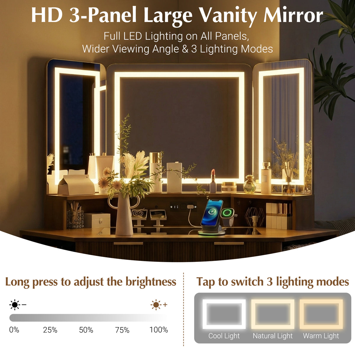 variant-group:rf-n704p392485p|Roomfitters 47.2" Corner Makeup Vanity Desk with 3-Panel LED Mirror, Glass Top, Charging Station and Storage Hutch, Walnut
