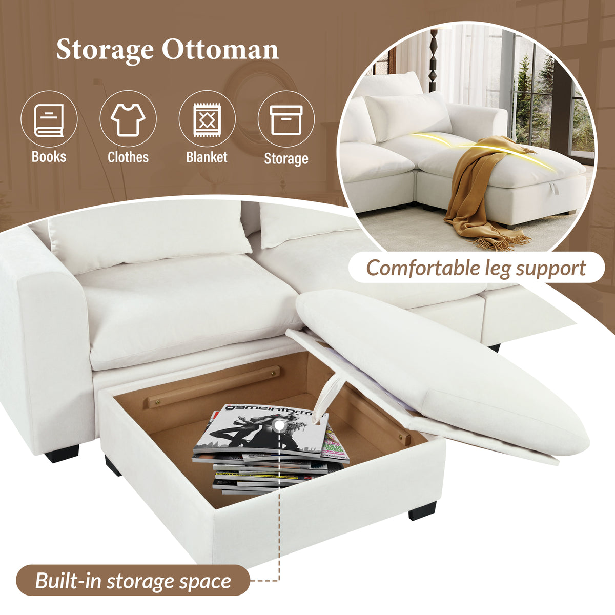 variant-group:rf-n711wy000491aaa|Roomfitters 131.3-Inch Modern U-Shaped Sectional Sofa, 6-Seater Linen Blend Couch, 2 Storage Ottomans, Pit Lounge, Beige
