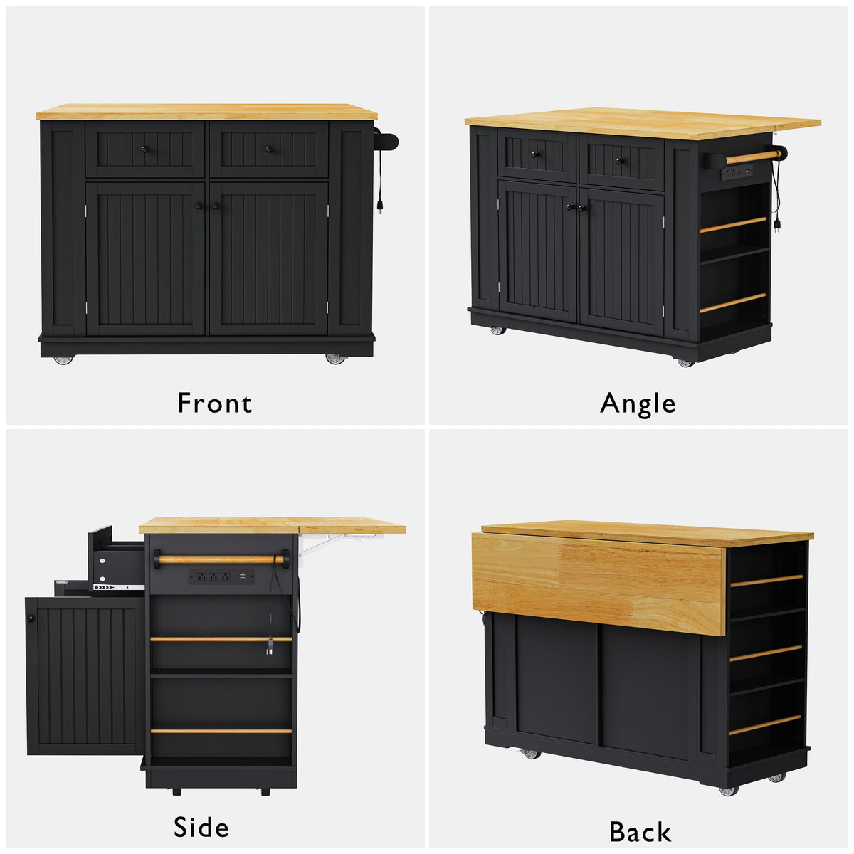 variant-group:rf-n707s257057b|Roomfitters 48" Kitchen Island with Power Outlet and Drop Leaf, Rolling Storage Cabinet with Wood Top and Spice Rack, Black